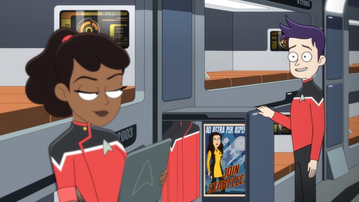 Boimler hangs his Una Ad Astra per Aspera poster next to his uniforms as Mariner glances over in 'Those Old Scientists'