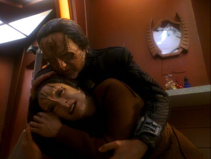 The Cardassian Tekeny Ghemor comforts Kira believing her to be his daughter, field operative of the Obsidian Order, Iliana Ghemor in 'Second Skin'