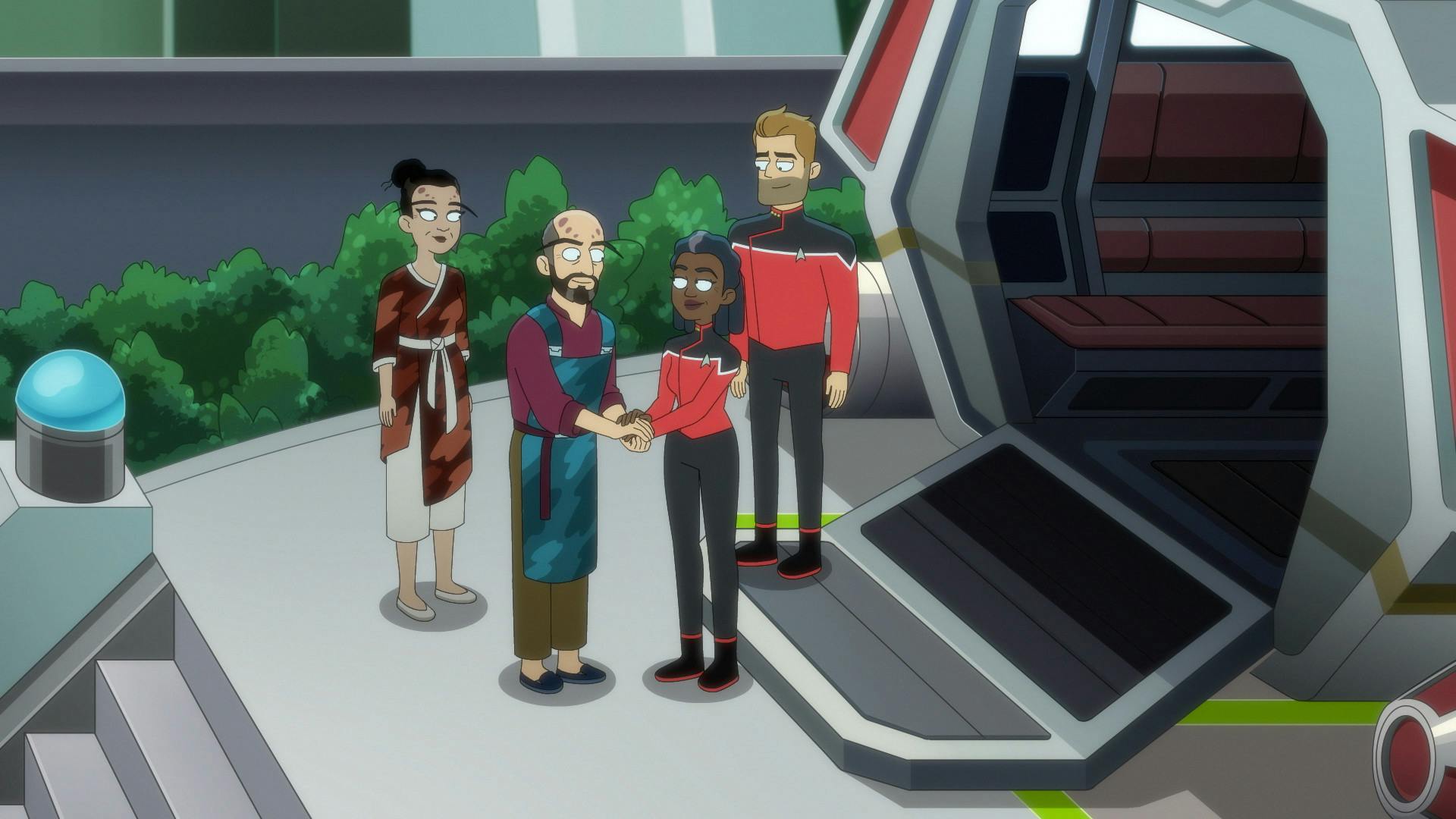 Two Corazonians welcome Freeman and Ransom to their planet in front of their shuttle in 'In the Cradle of Vexilon'