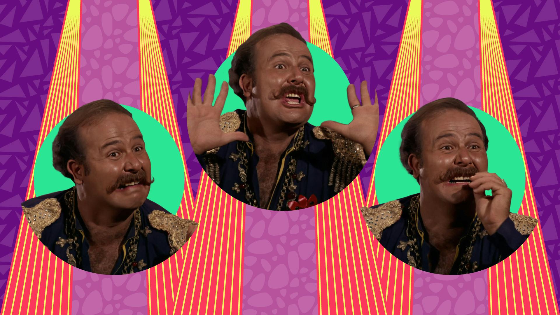 Illustrated graphic featuring three over-the-top facial expressions from Harry Mudd