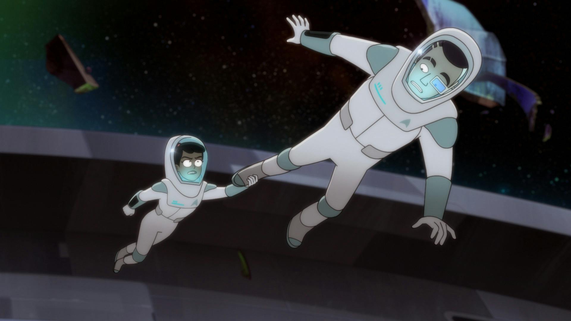 Floating in space, both in their EV suits, Mariner grabs on to Rutherford and tries to reel him back in 'A Few Badgeys More'