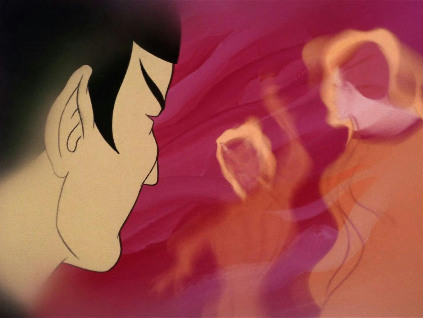 On the planet's surface, Spock looks over at the non-corporeal state of Lucien and Kirk in 'The Magicks of Megas-Tu'