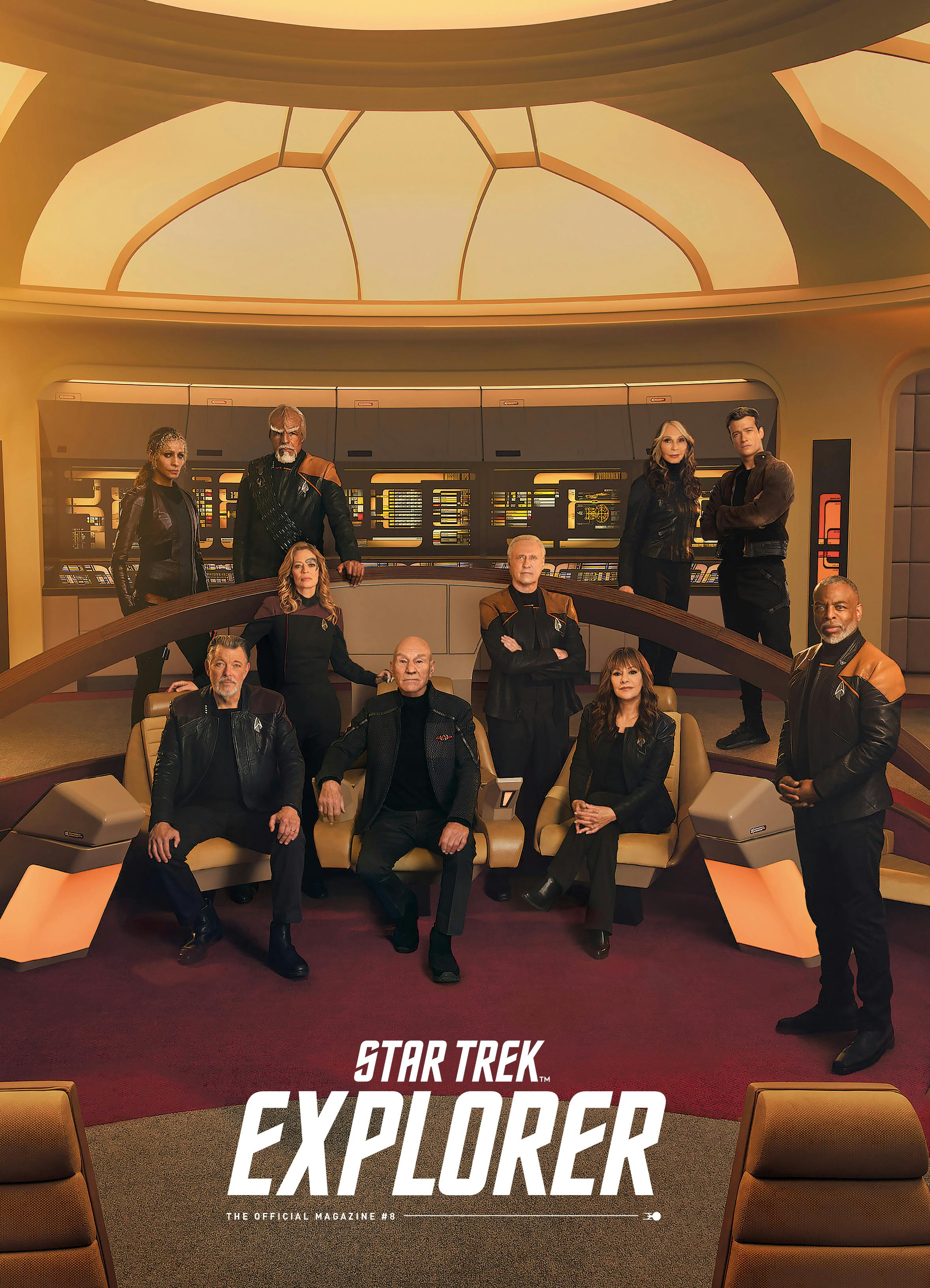 Star Trek Explorer #8 magazine diamond cover featuring a promotional still of the Star Trek: Picard Season 3 cast on the bridge of the Enterprise-D