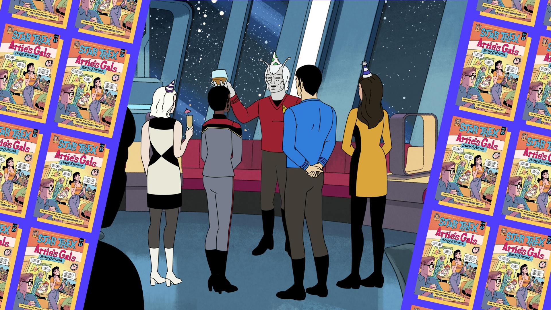 Banner image featuring a holiday party above the Enterprise as Hemmer wearing a party hat lifts his glass to cheers his crewmates along with the comic cover for STAR TREK: THE ANIMATED CELEBRATION PRESENTS THE SCHEIMER BARRIER - Chapter 2
