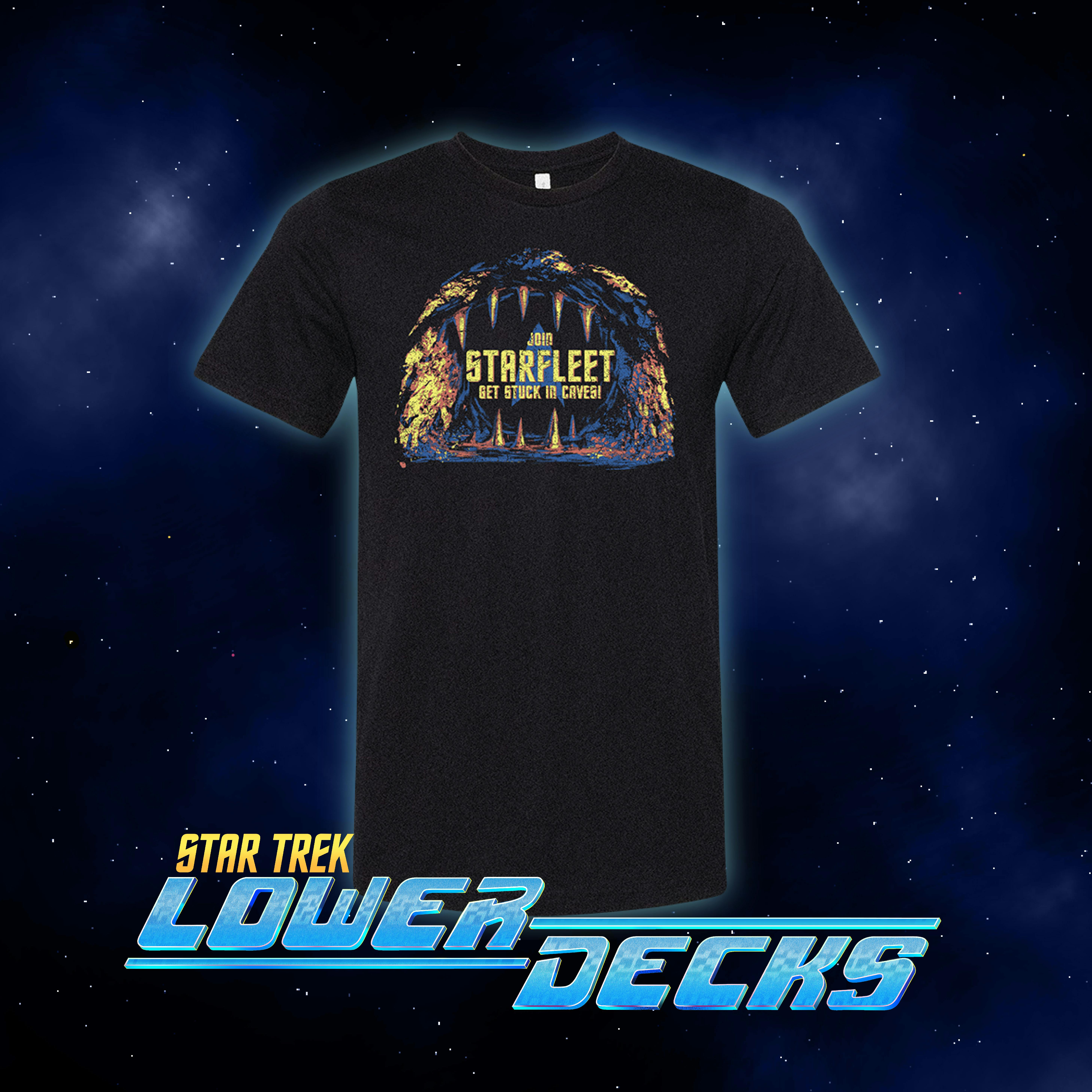 Titmouse's Star Trek: Lower Decks Season 4 Shirt Collective - Week 8 - Caves - featuring the entrance of a cave with the text 'Join Starfleet Get Stuck in Caves'