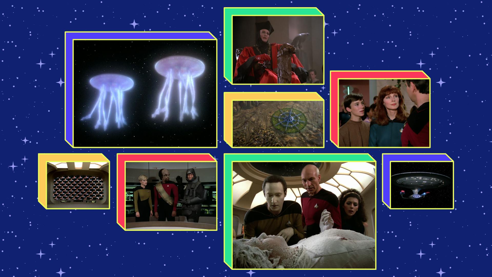 Collage of several episodic stills from 'Encounter at Farpoint'
