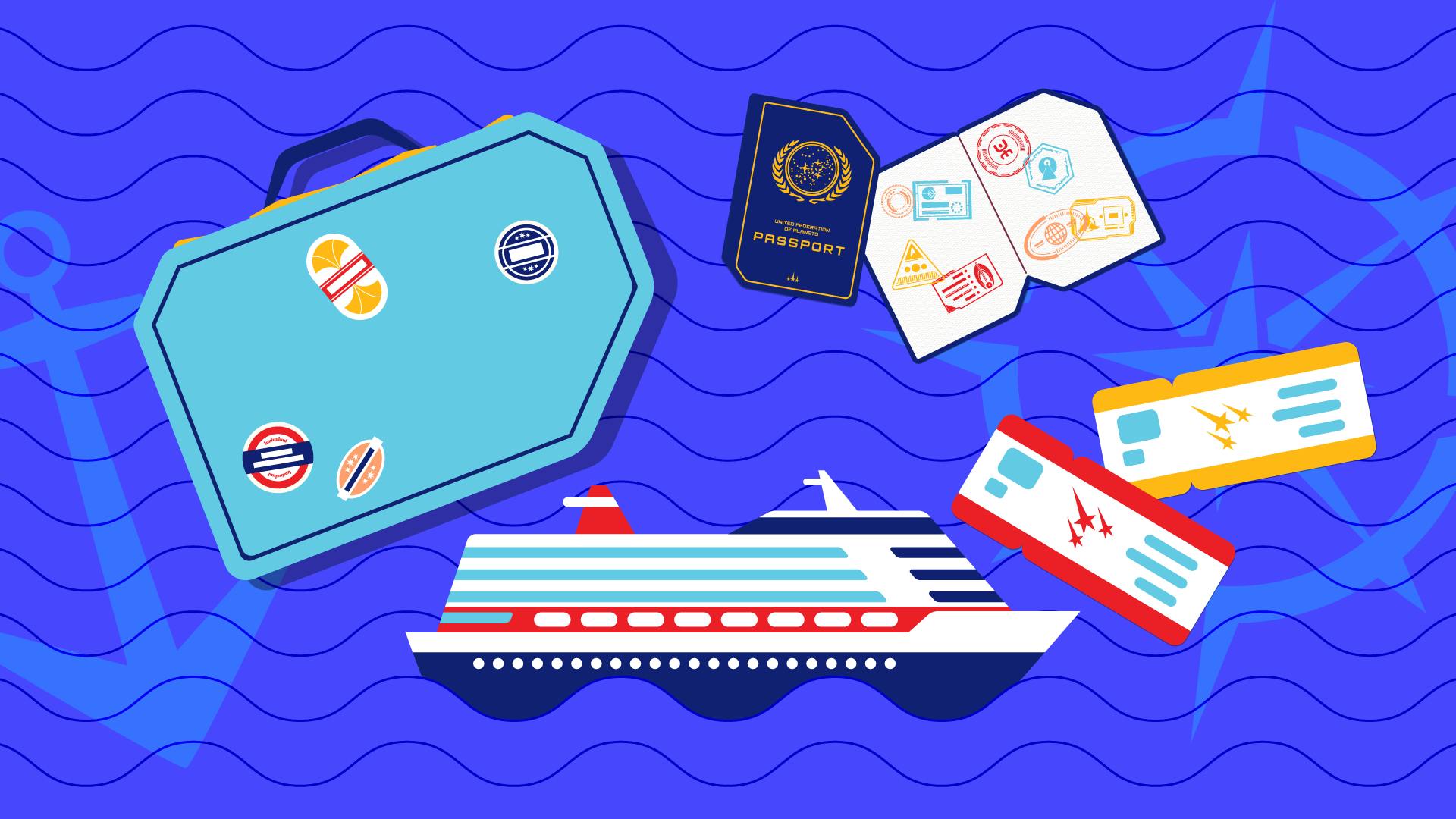 Graphic illustration of a cruise ship, a hand luggage, two boarding tickets, and a Federation passport