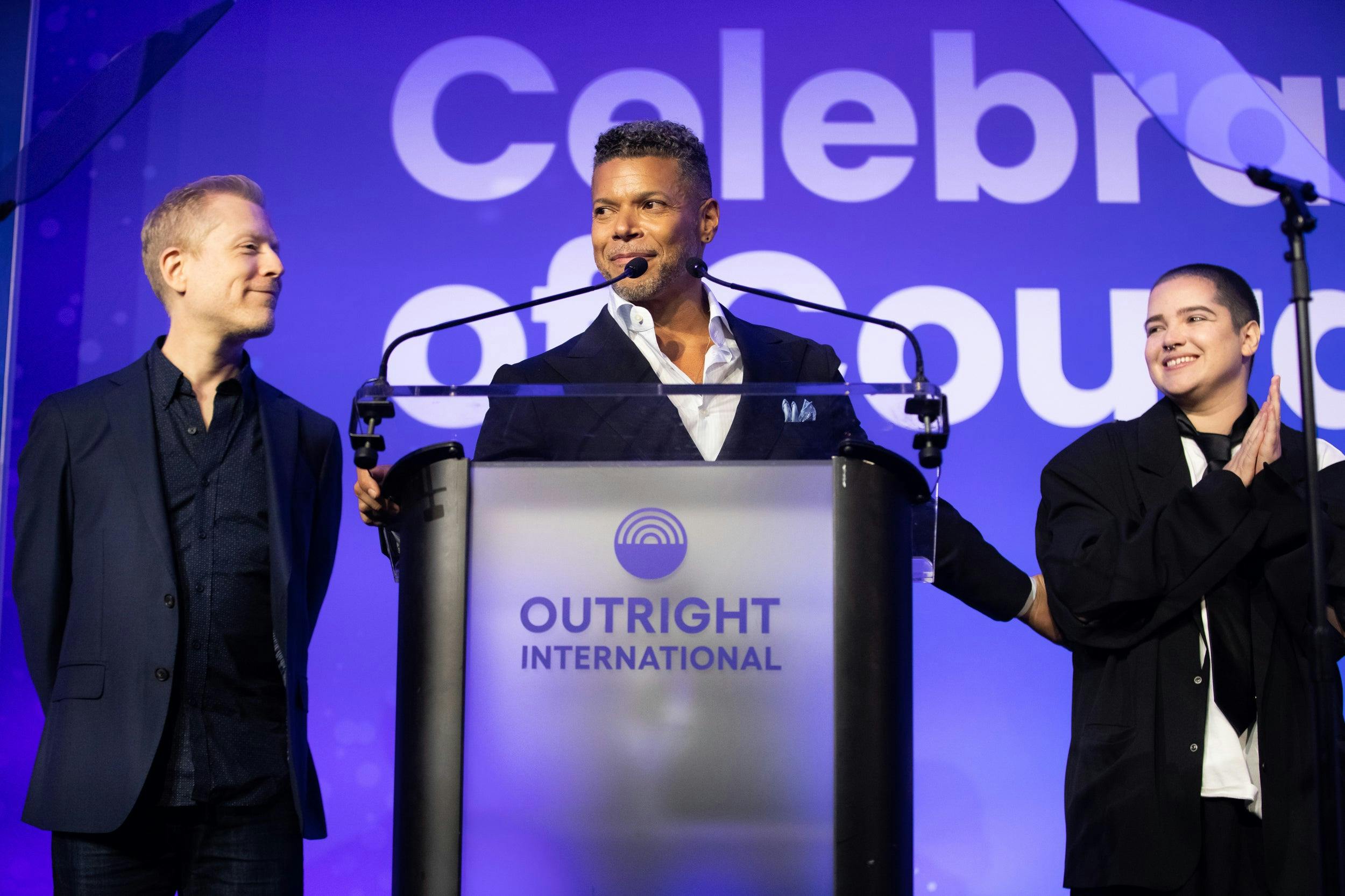 27th Celebration of Courage Awards and Gala - Star Trek: Discovery's Anthony Rapp, Wilson Cruz, and Blu del Barrio on-stage accepting this year's Outspoken Award
