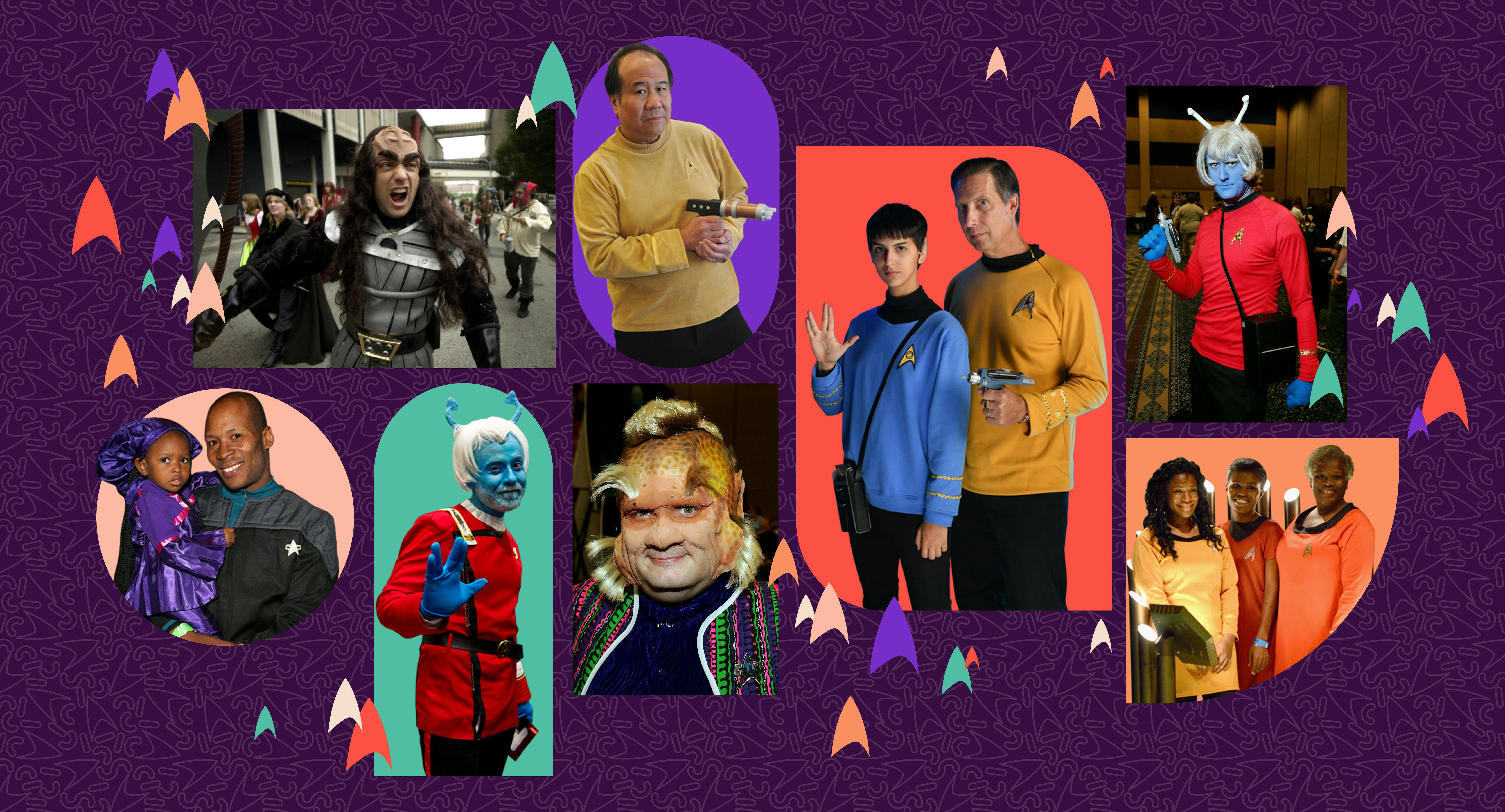 Photos of Star Trek cosplayers are arranged against a purple background.