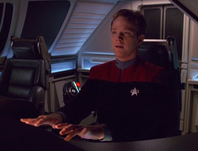 Aboard the Cochrane shuttle, Tom Paris achieves maxium warp 10 barrier on Star Trek: Voyager