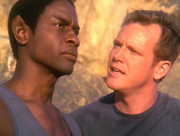 Tom Paris gets in Tuvok's face who just looks out ahead in 'Gravity'