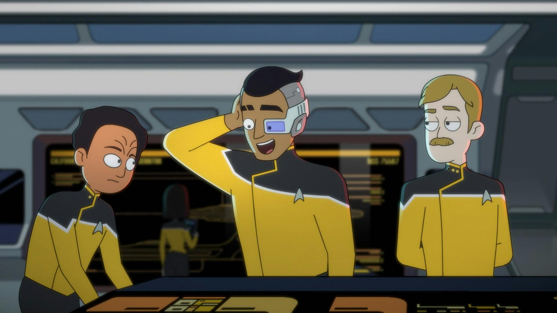 Rutherford touches his head and expresses joy while looking at the console as he's surrounded by the Engineering crew and Billups in 'Moist Vessel'