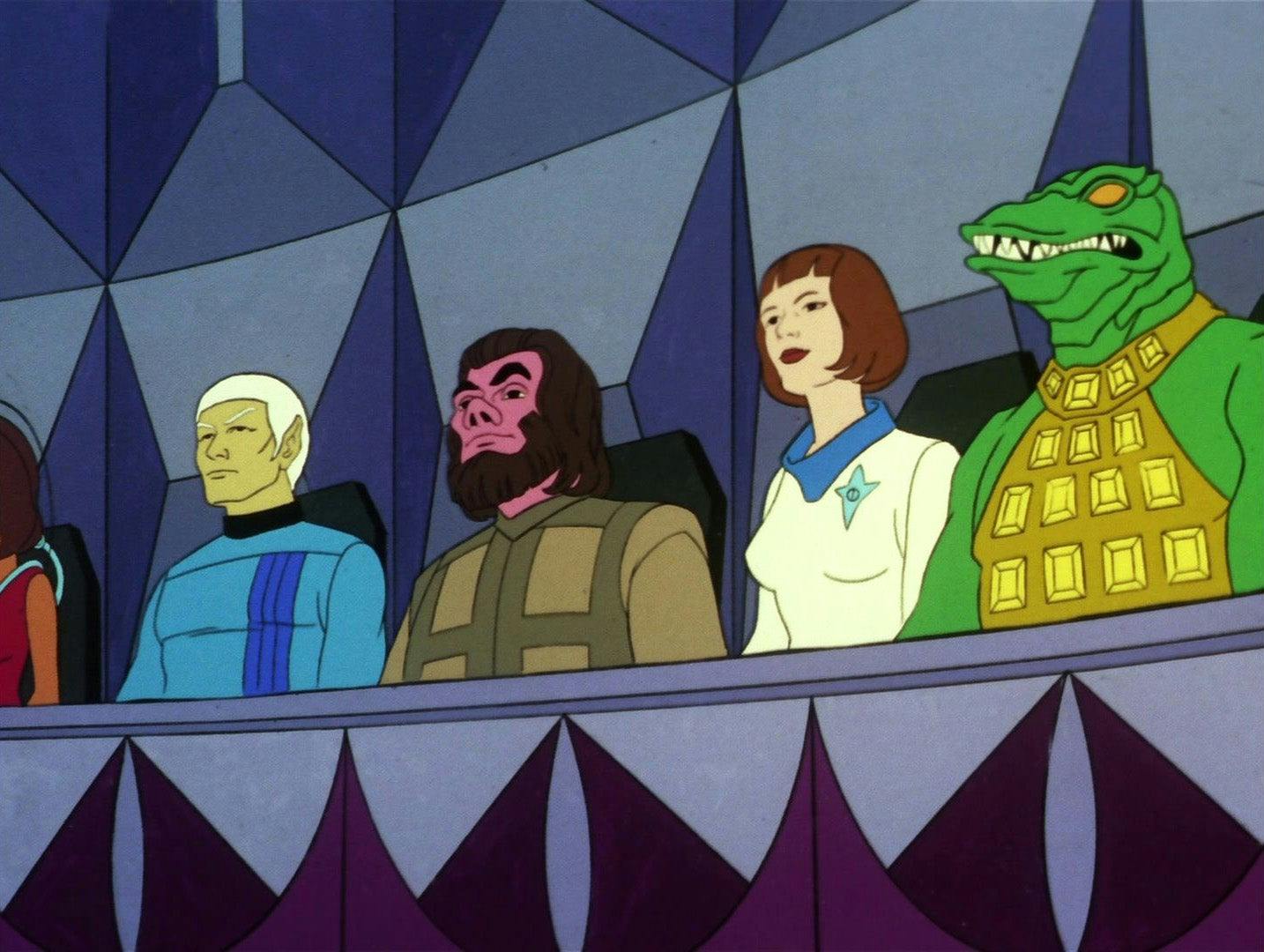 A Vulcan, Tellarite, human, and Gorn sit side-by-side and look ahead in 'The Time Trap'