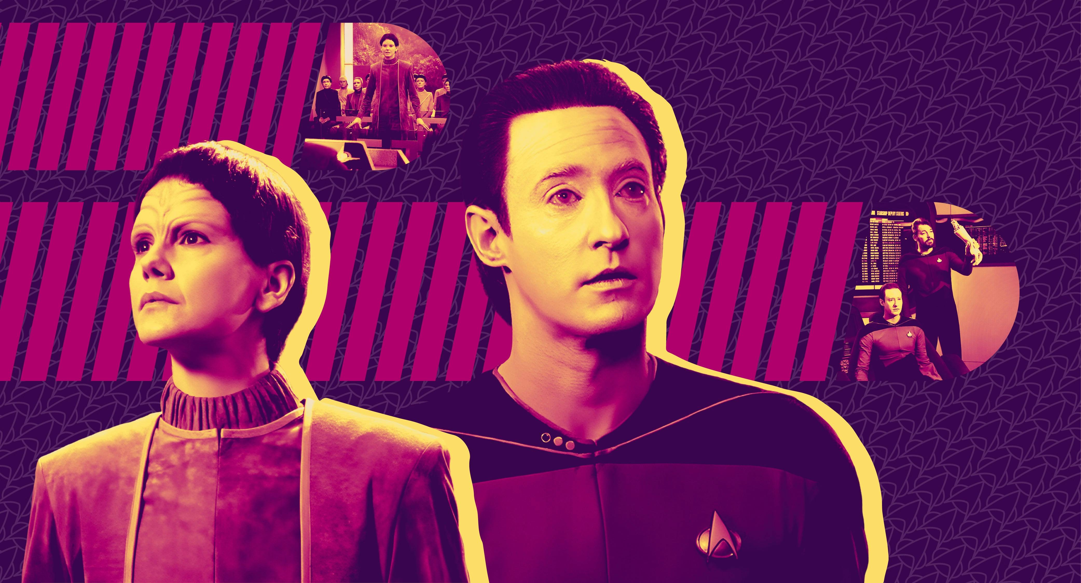 Two photos of Data and Soren (from the episode "The Outcast") are next to each other against a purple background.