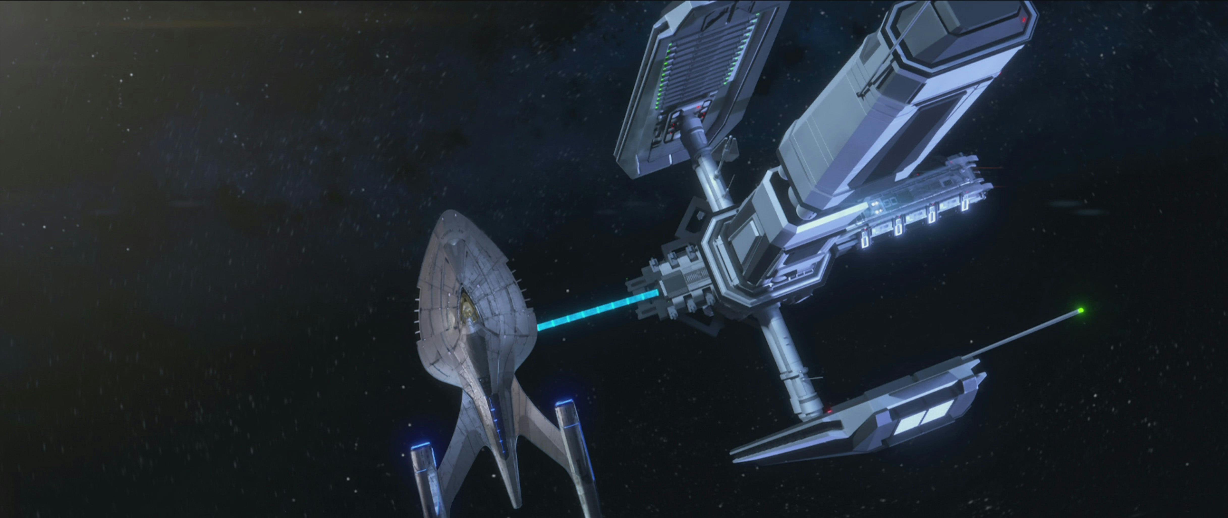 The U.S.S. Protostar docked at a Federation relay station in Star Trek: Prodigy