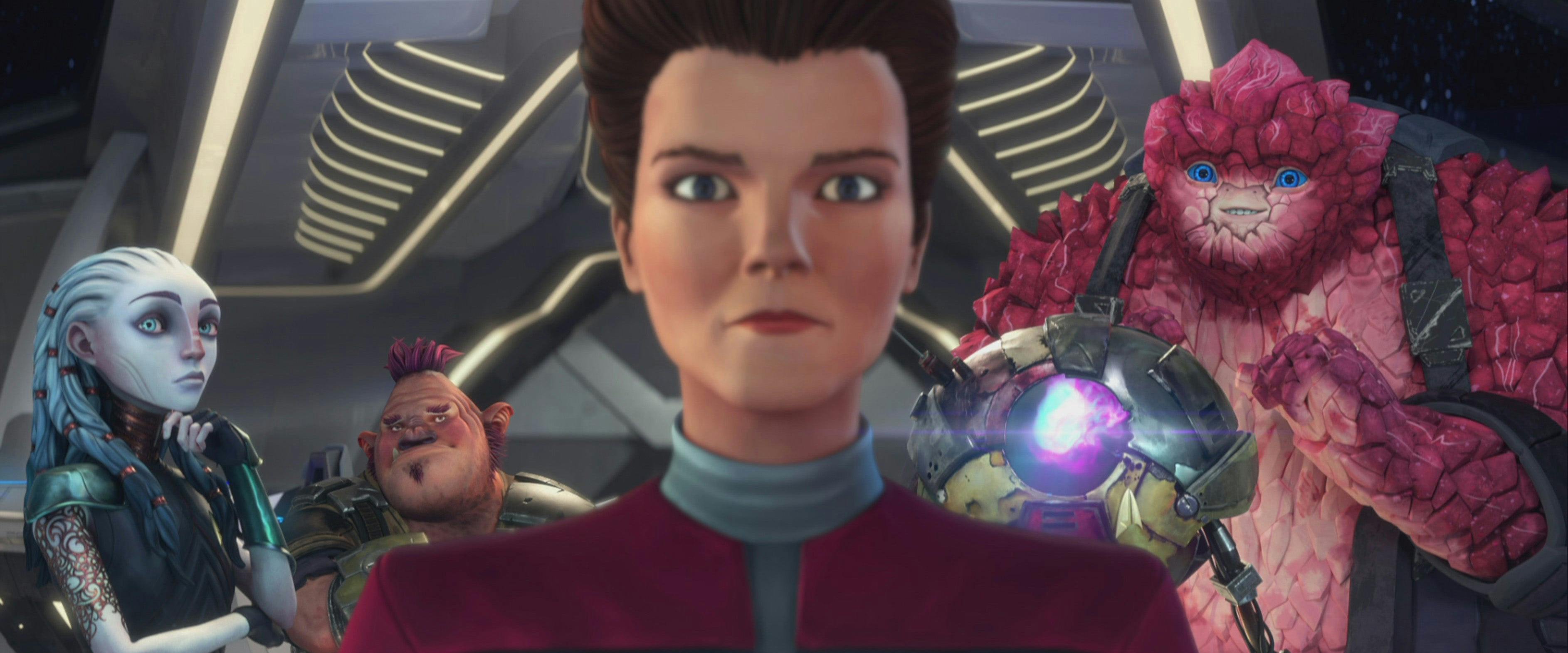 Aboard the Protostar bridge, Holo-Janeway with a focused glare looks out the viewscreen in front of her as Gwyn, Jankom Pog, Zero, and Rok-Tahk stand behind her in 'First Con-tact'