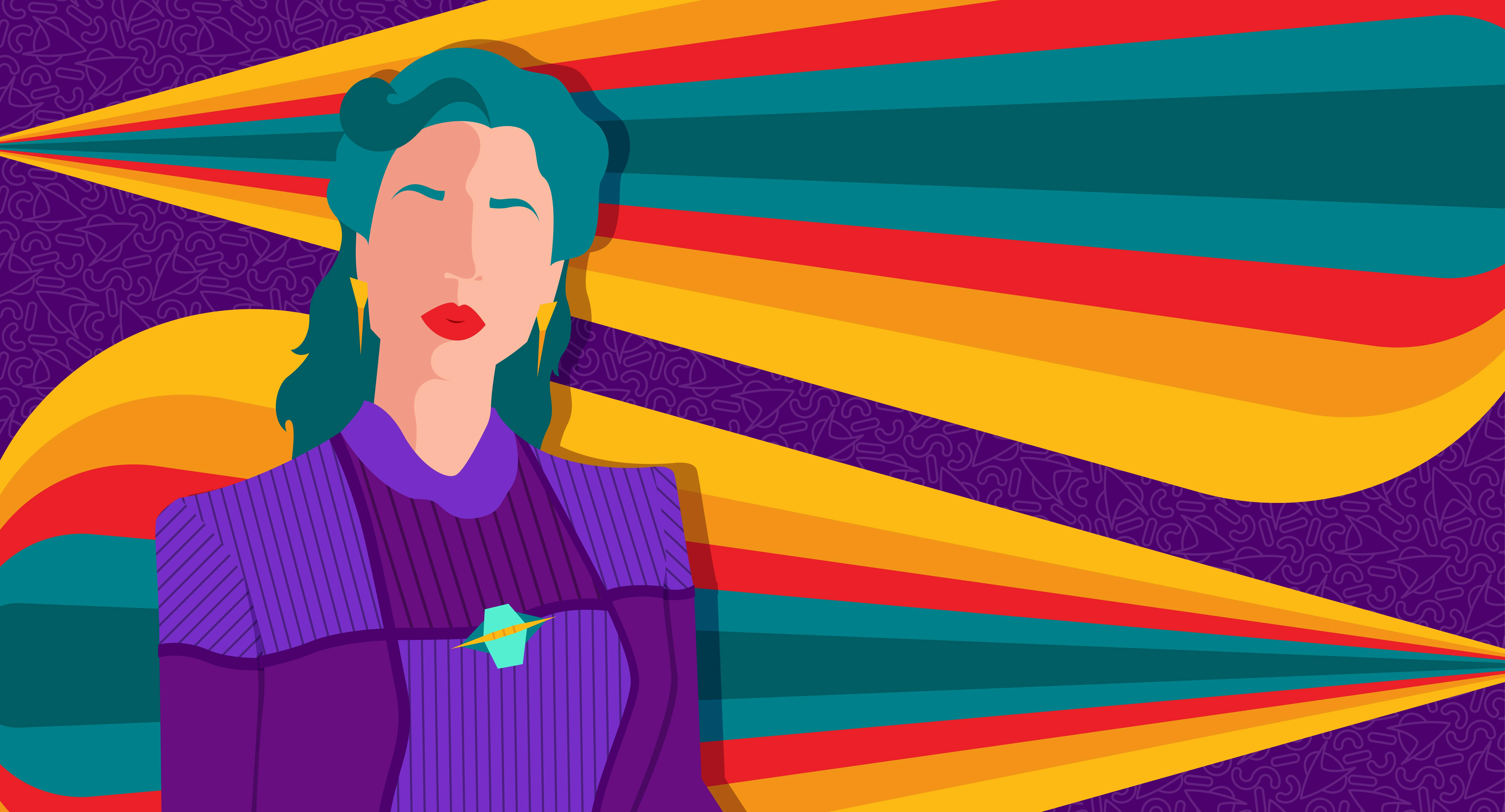 An artistic rendering of Leah Brahms against a purple, orange, red, and teal background.
