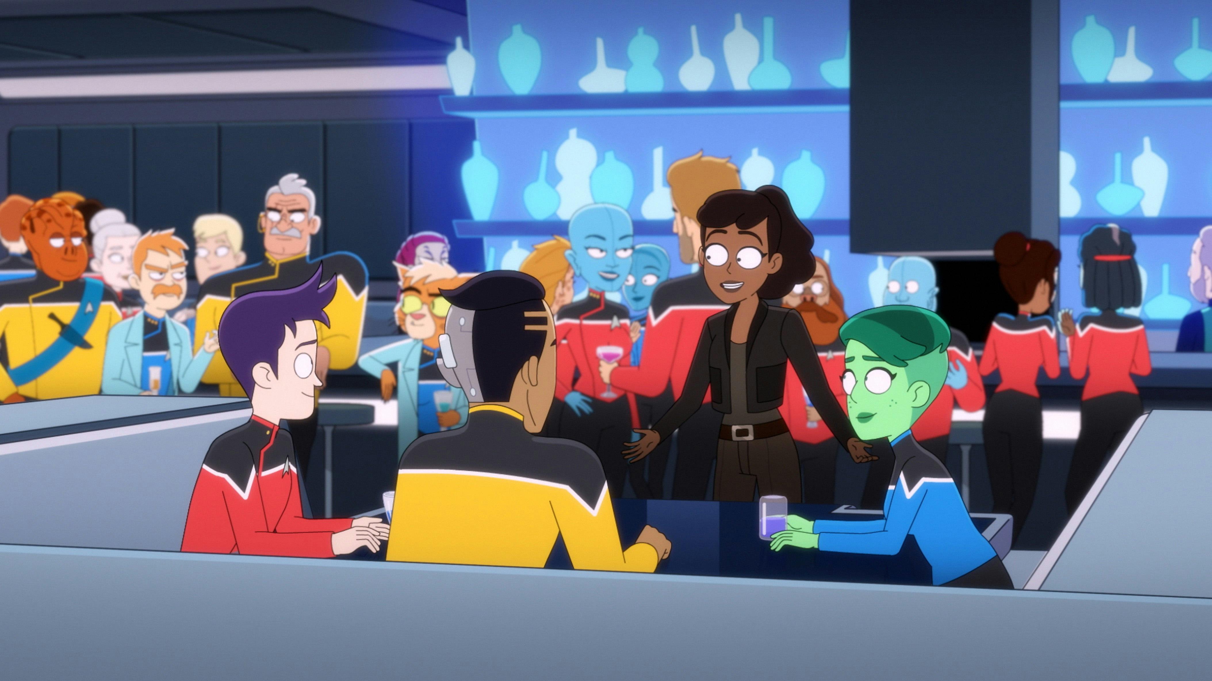 Mariner reunites with her friends in the Cerritos mess hall that's full of Cali-class crews celebrate on Star Trek: Lower Decks