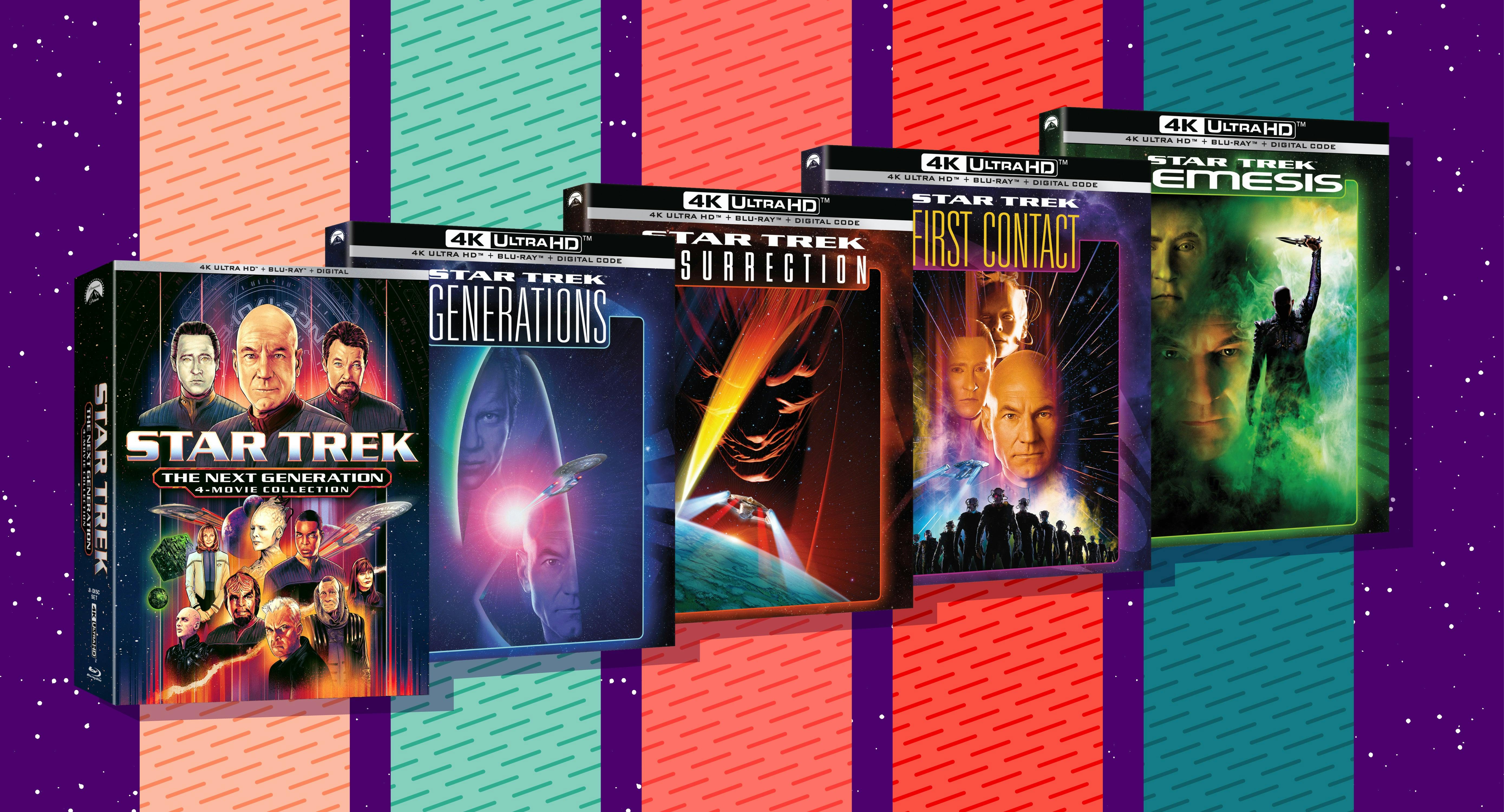 Illustrated banner featuring Star Trek: The Next Generation 4 Movie Collection including Generations, First Contact, Insurrection, and Nemesis 4K UHD packshot covers