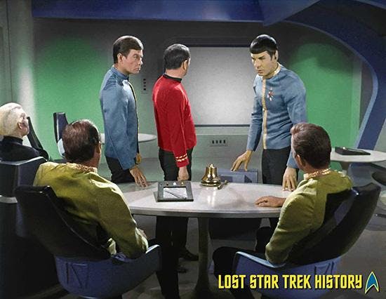 A cut scene from 'The Menagerie, Part II' featuring Christopher Pike, McCoy, Scotty, Spock, and Kirk