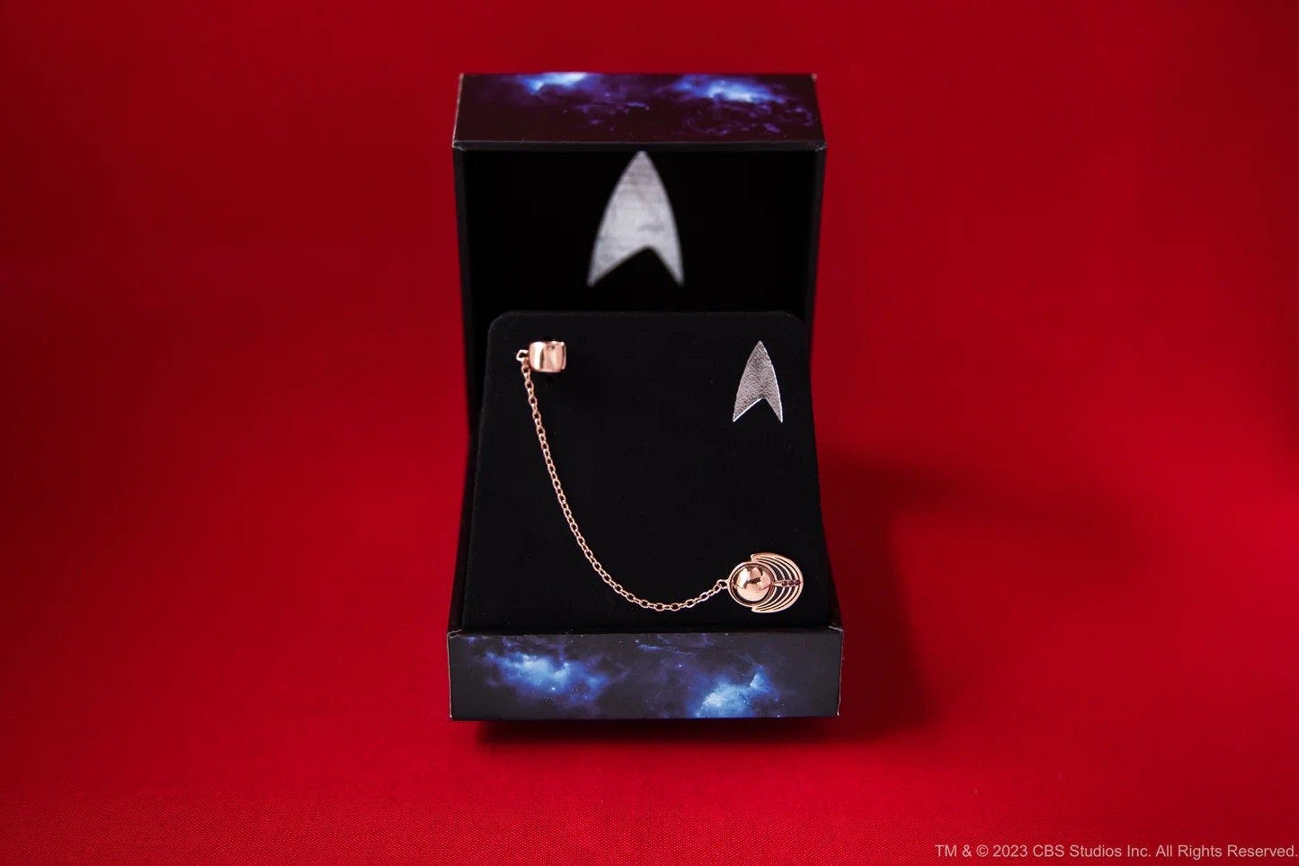 Close up product shot of Star Trek x RockLove PICARD Bajoran Cuff Earring