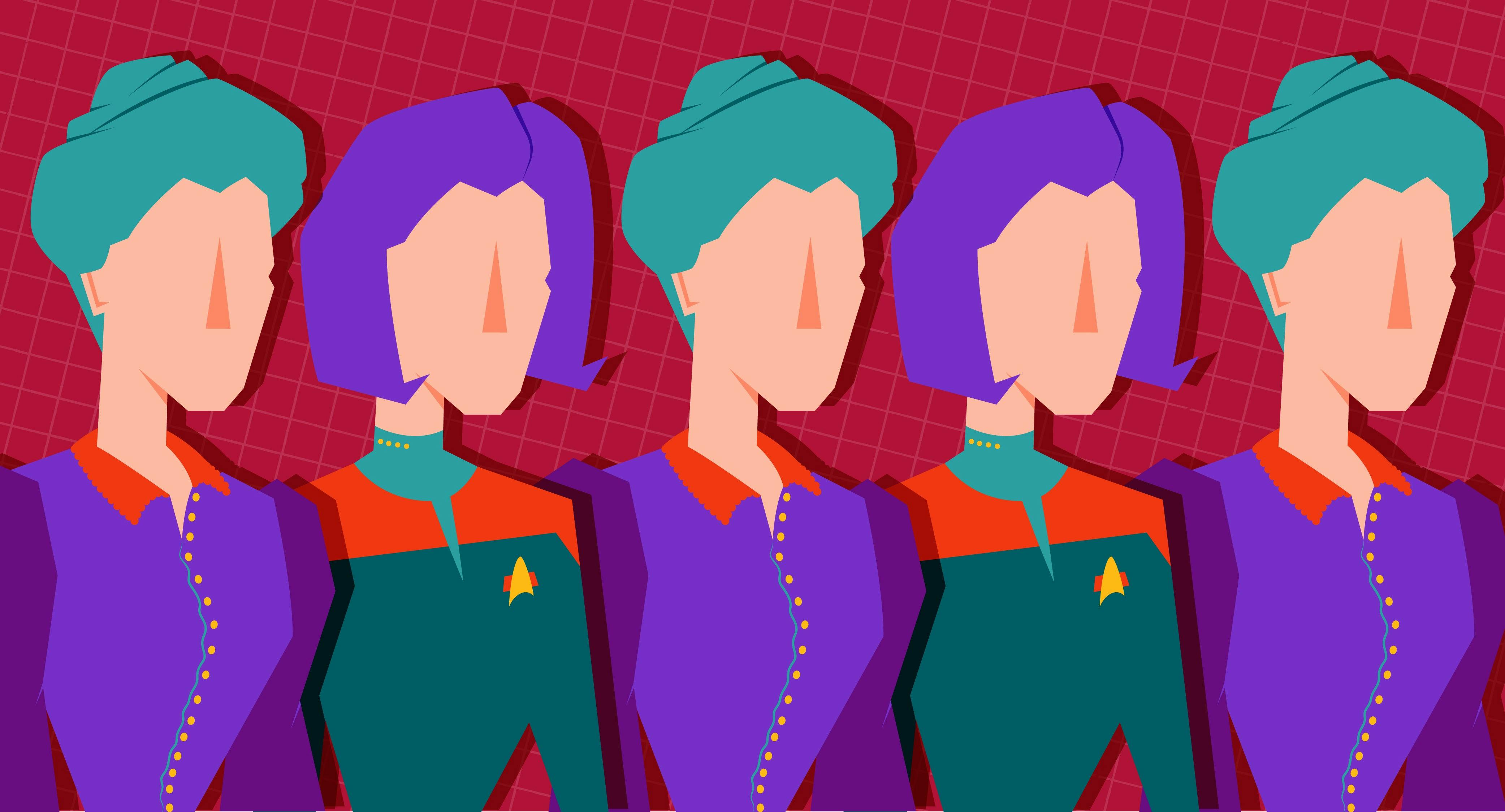 Illustration of Captain Janeway in uniform alongside her Fair Haven holodeck counterpart