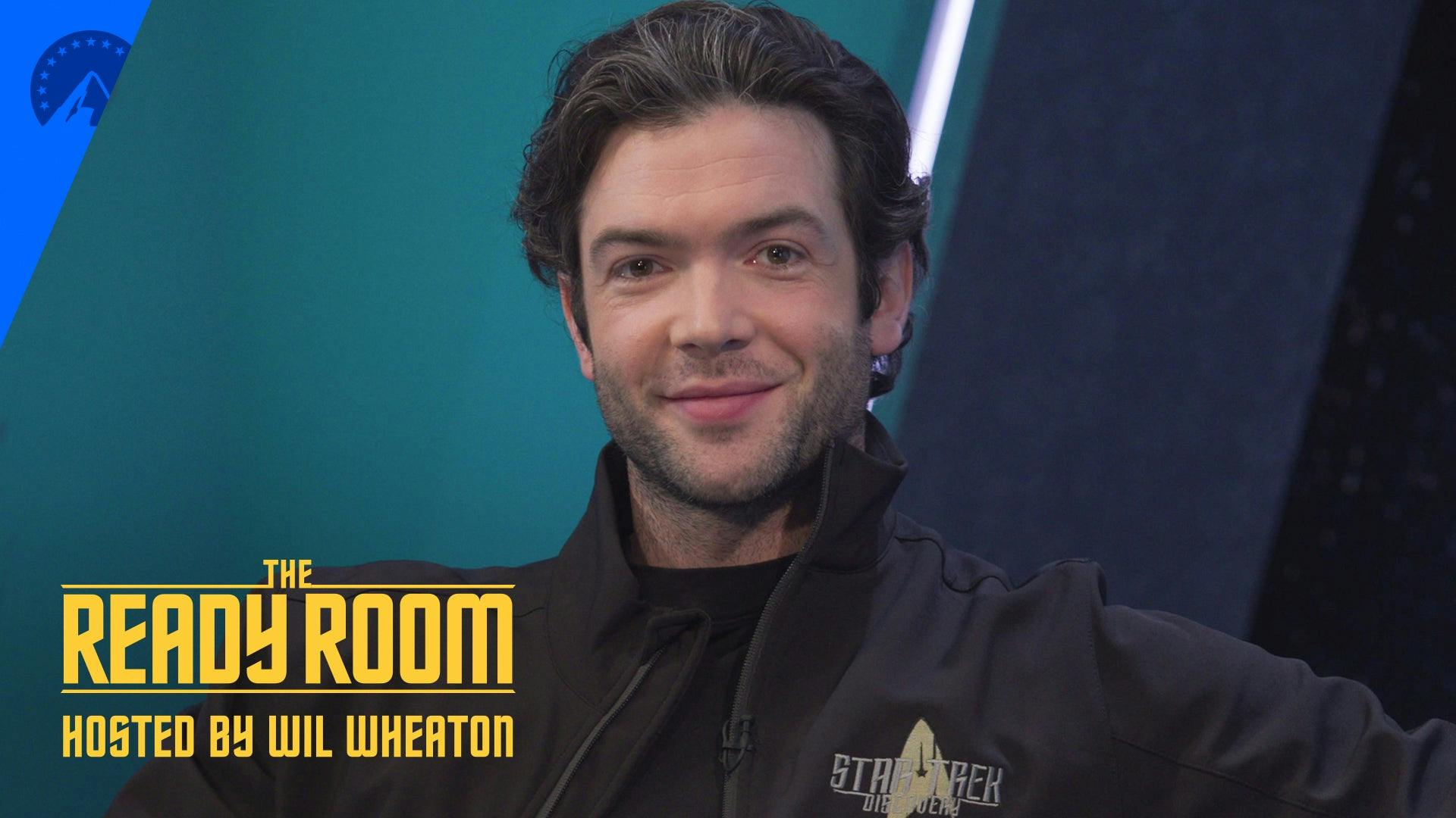 The Ready Room set with a smiling Ethan Peck