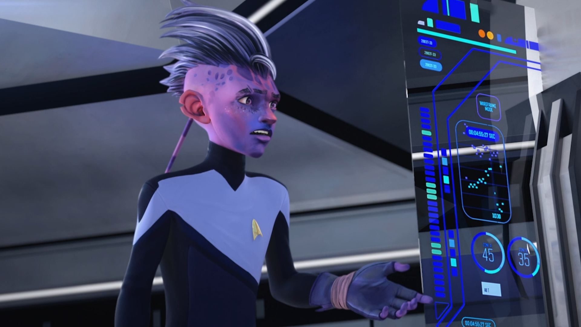 Dal looks over the details of his Starfleet scan on Star Trek: Prodigy