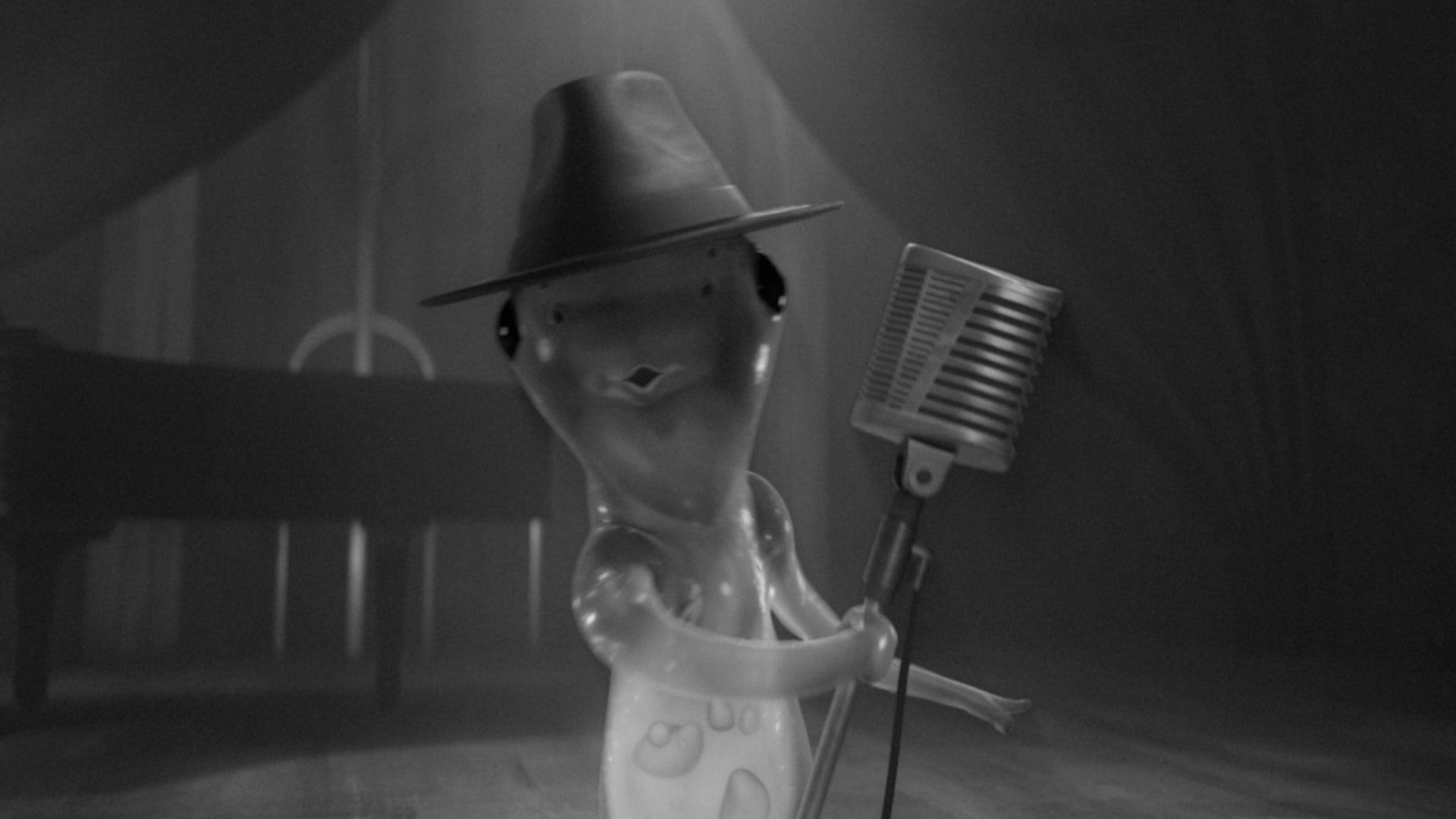 Murf performs on stage in black-and-white as Mr. Murfy No Shoes on Star Trek: Prodigy