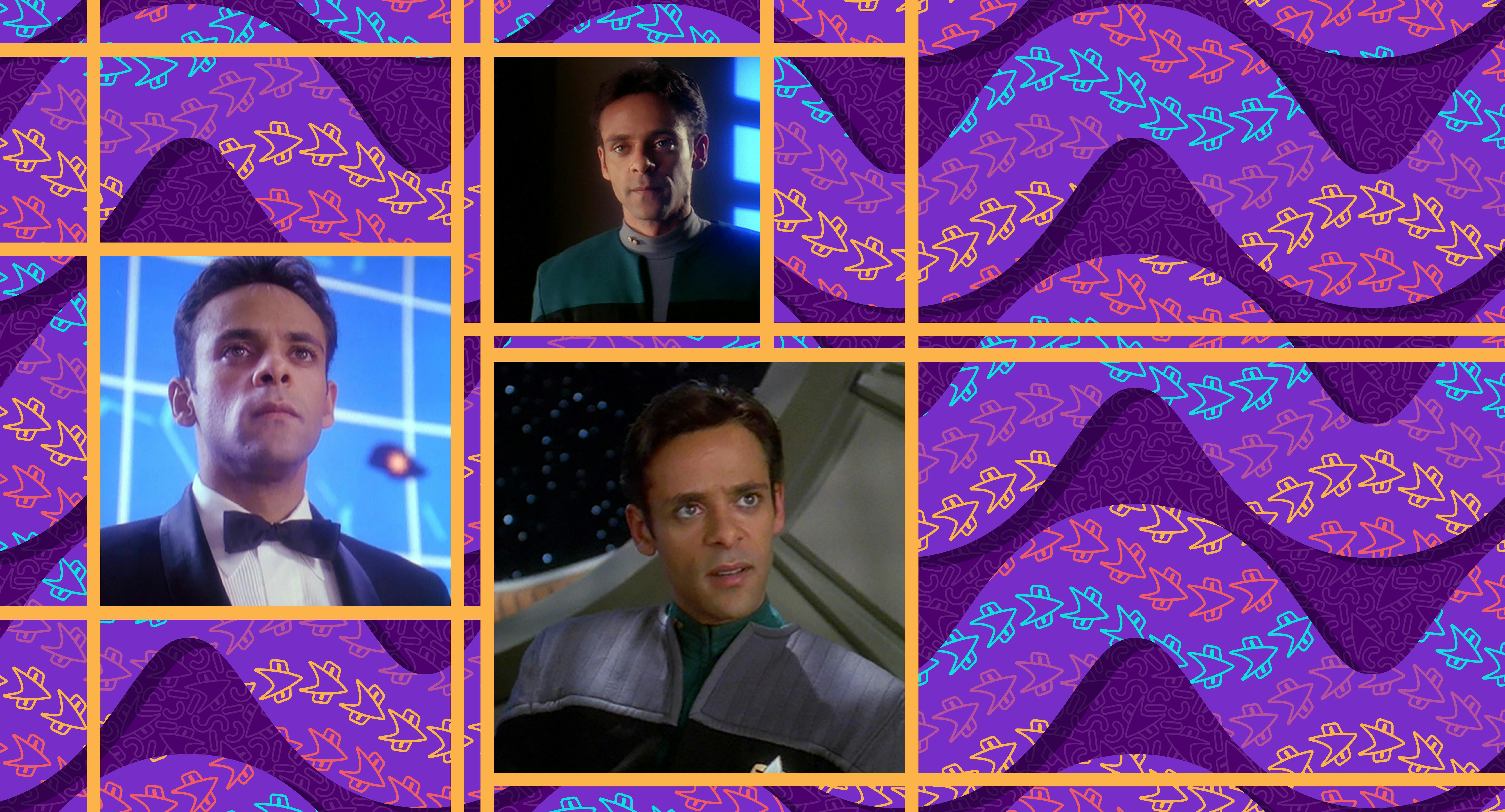 Three images of Dr. Julian Bashir from Star Trek: Deep Space Nine are against a purple background.