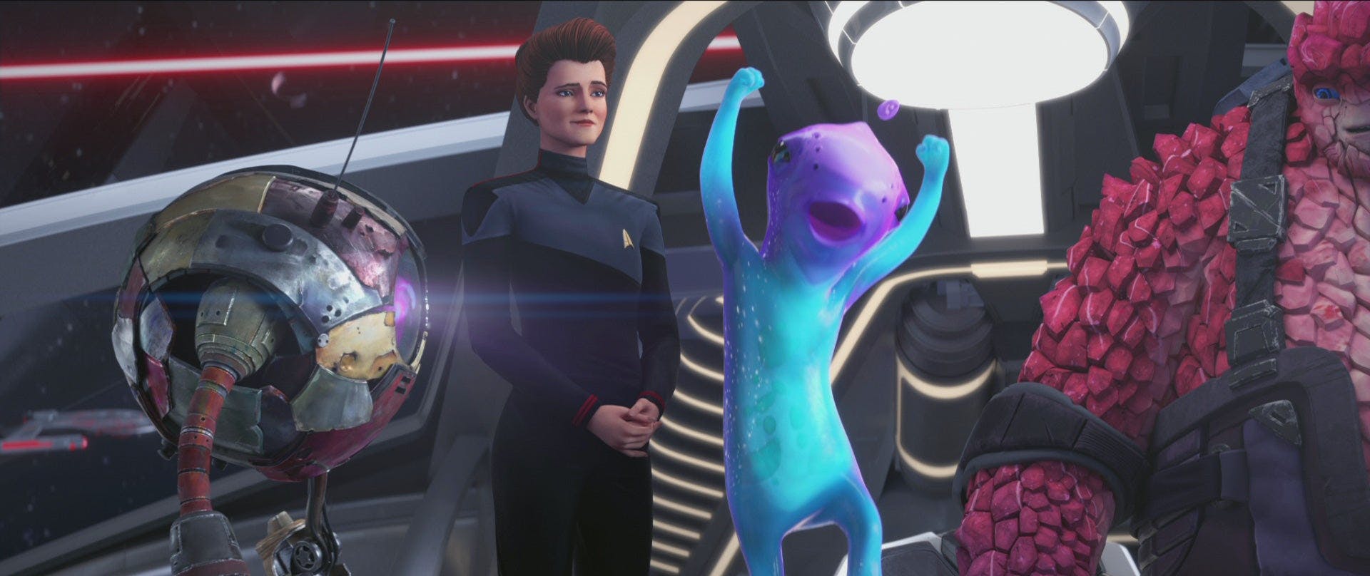 Murf jumps in cheer as Zero, Holo-Janeway, and Rok-Tahk surrounds him on Star Trek: Prodigy