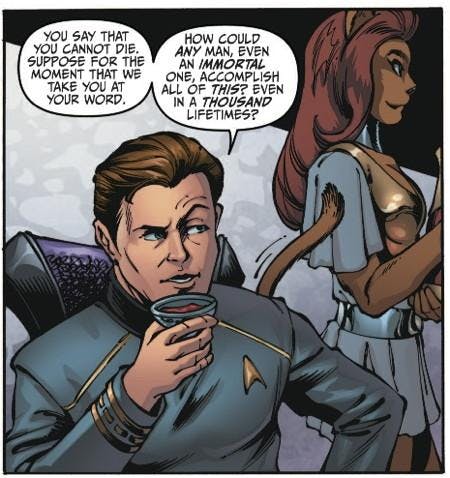 A comic panel featuring an alternate timeline with Kirk and M'Ress from Star Trek/Legion of Super-Heroes crossover