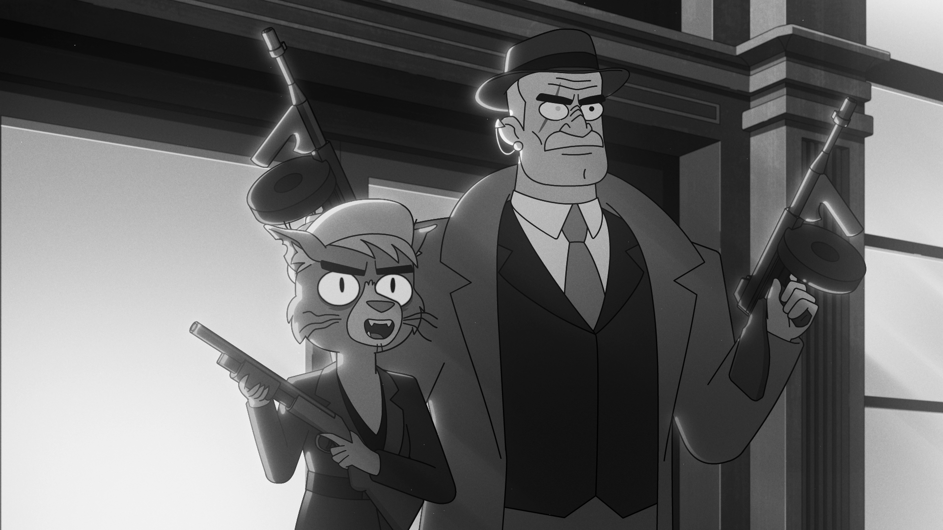 Dr. T'Ana and Shaxs in a Holodeck bank heist on Star Trek: Lower Decks