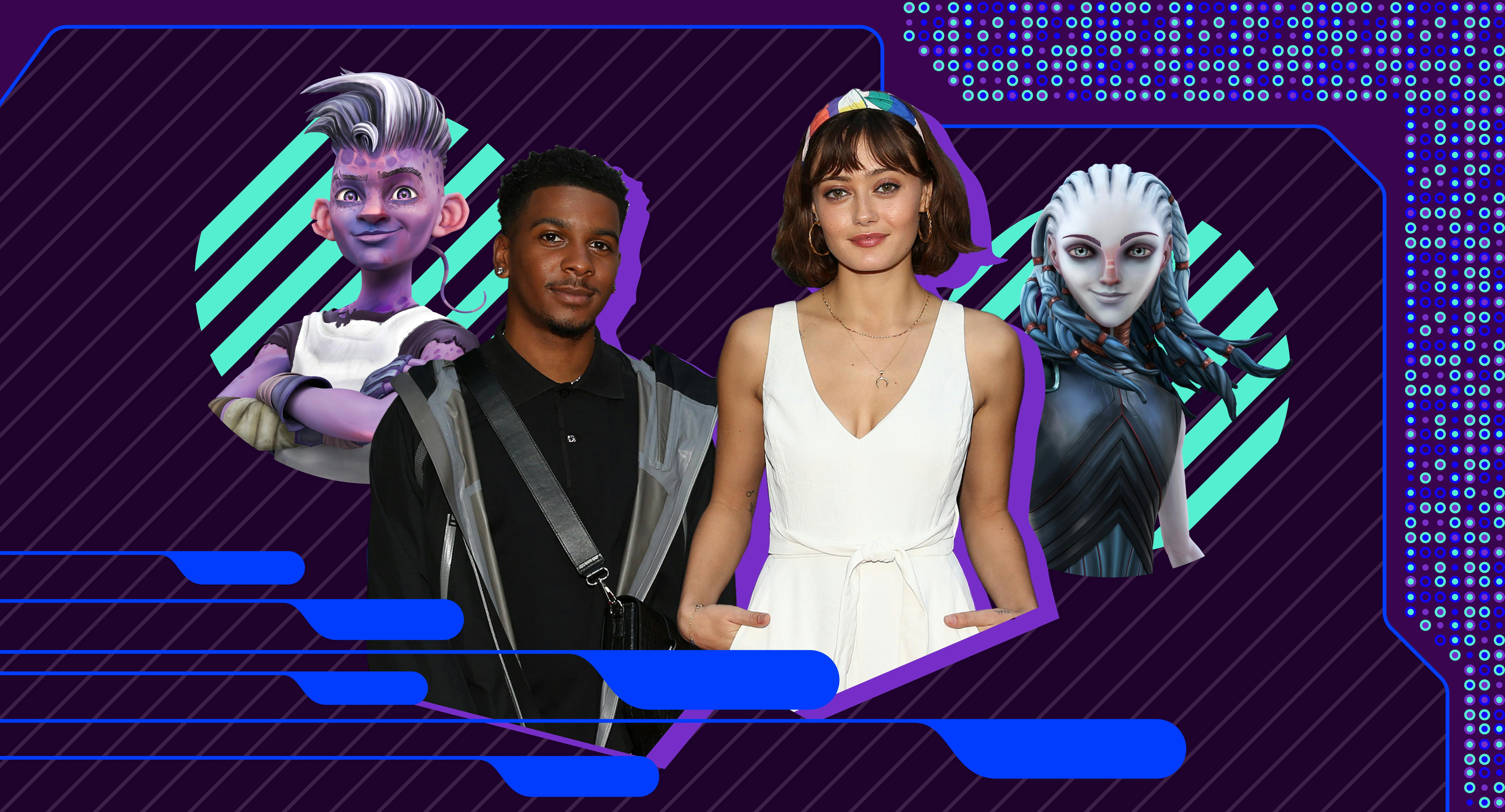 Illustrated banner of Star Trek: Prodigy's stars Brett Gray and Ella Purnell along with their animated characters Dal and Gwyn