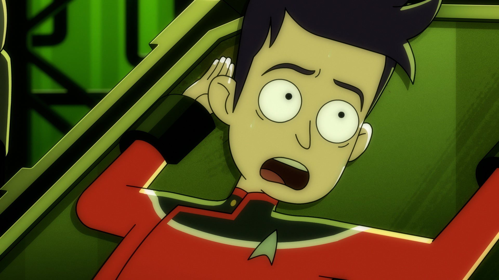 Ensign Boimler, tied down in a Borg interrogation room, in Star Trek: Lower Decks season two, episode eight