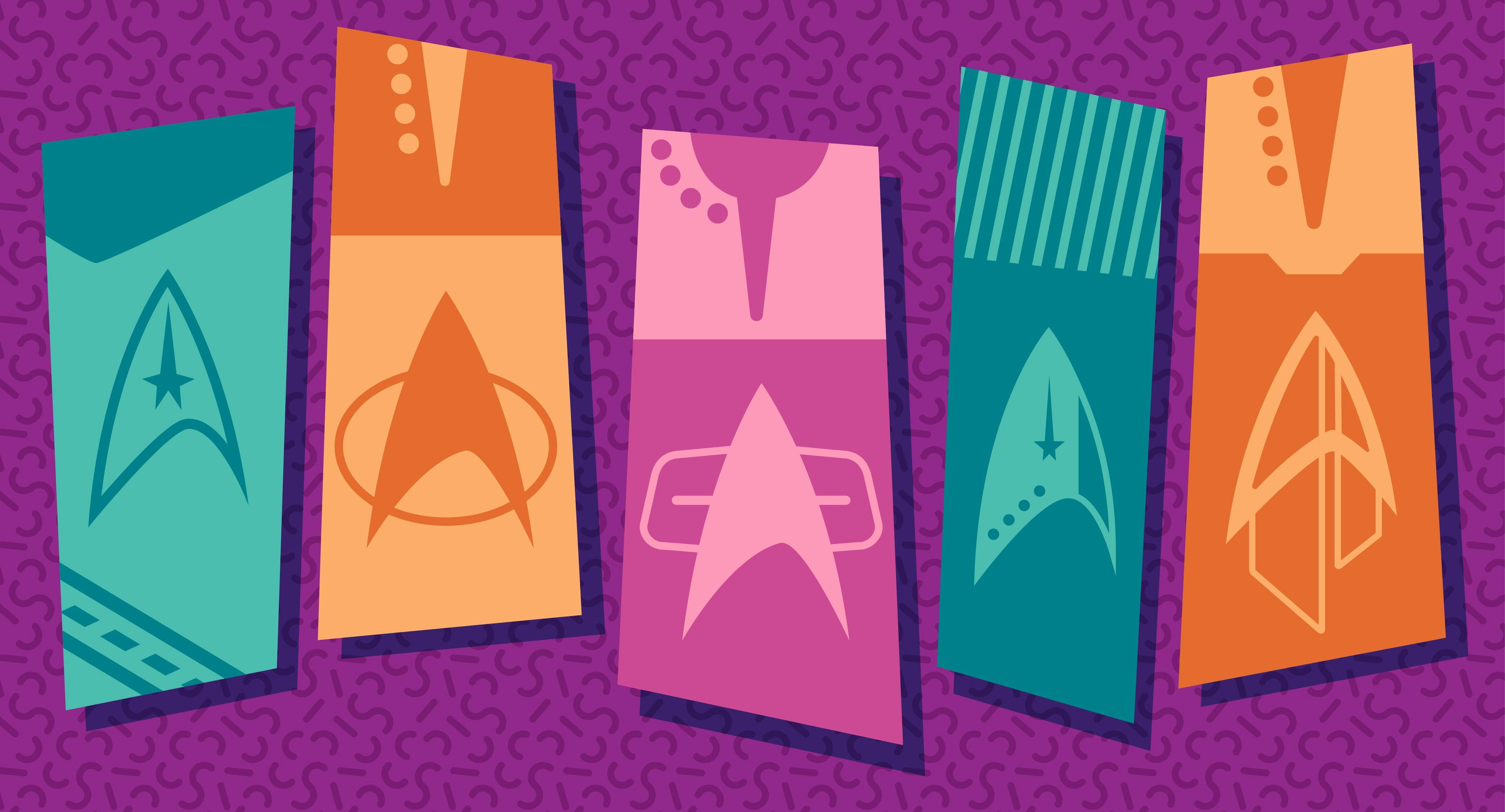 Graphic illustration of five different panels featuring different iterations of Star Trek comm badges on uniforms