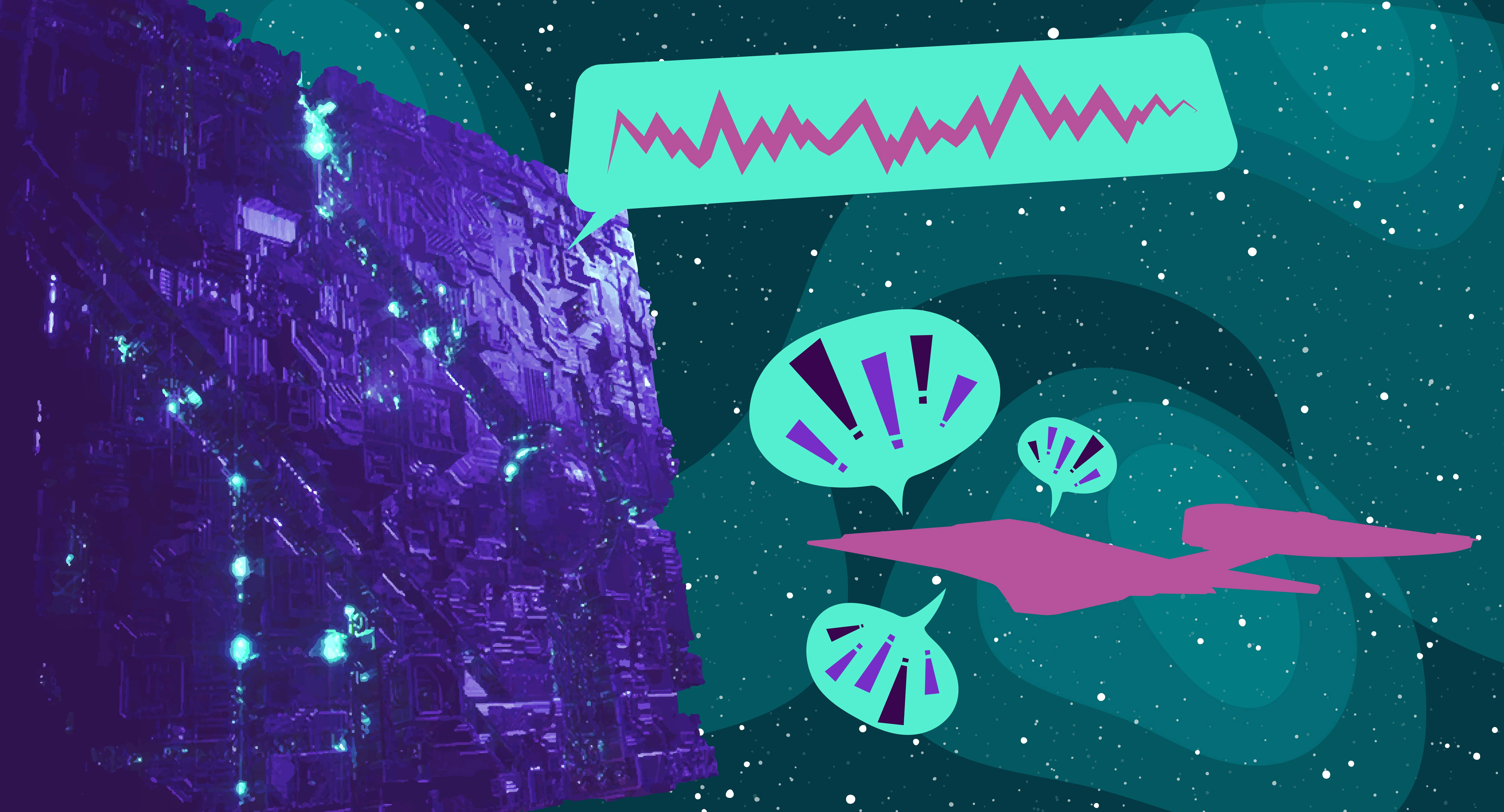 Illustrated banner of the Borg Cube and the Protostar starship from Star Trek: Prodigy