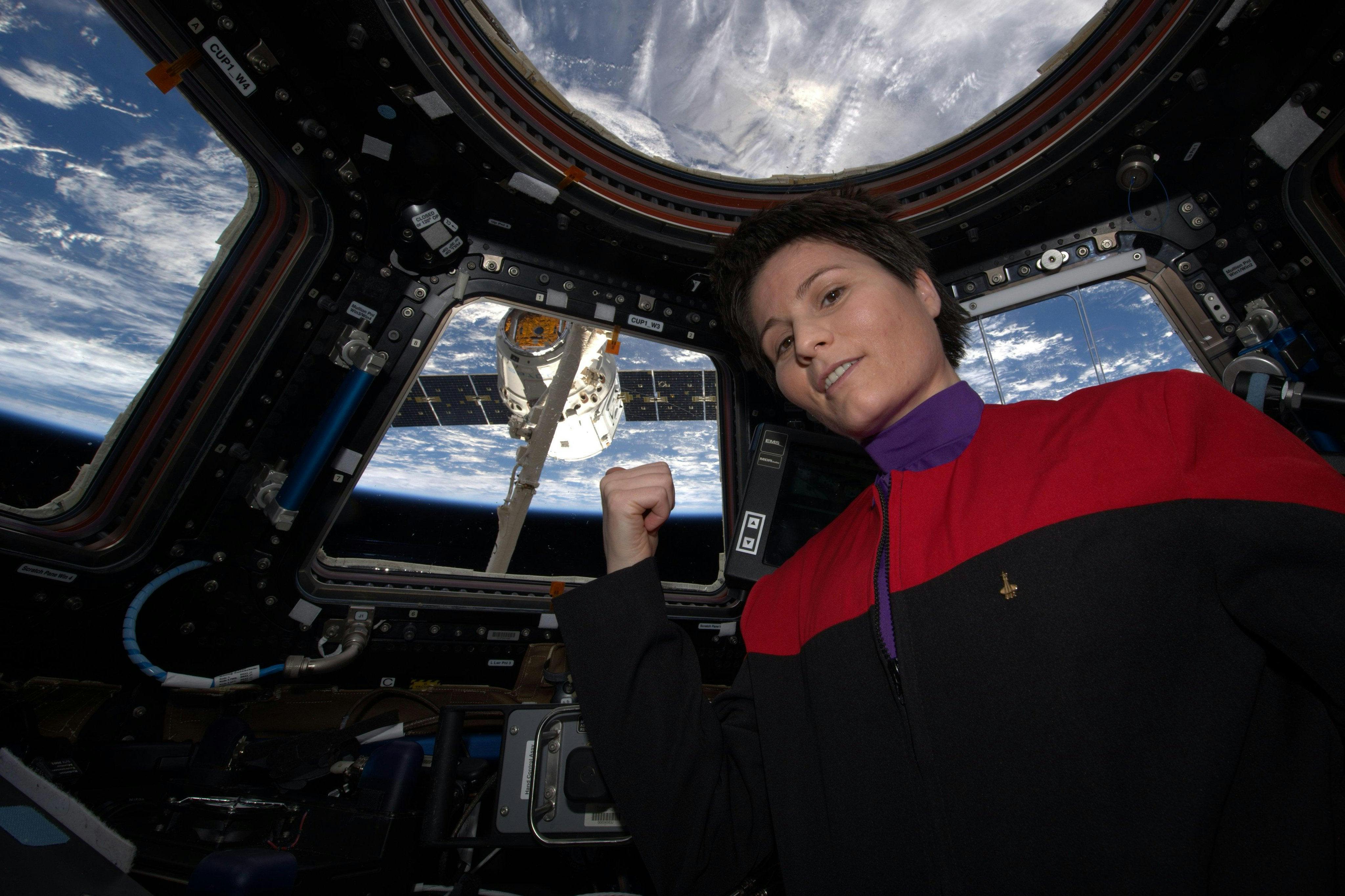 Italian astronaut Samantha Cristoforetti cosplays as coffee-enthusiast Captain Kathryn Janeway in the International Space Station, waiting for coffee delivery from the Space X Dragon cargo spacecraft.