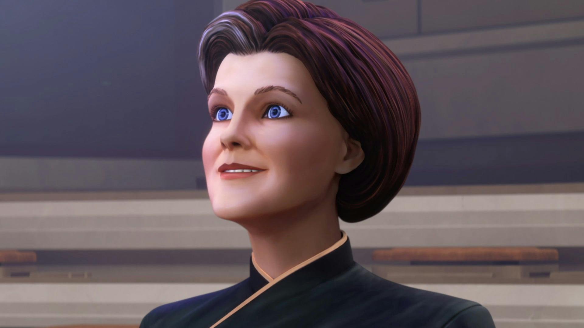Holo-Janeway looks up and to the right with a smile on her face - Star Trek: Prodigy