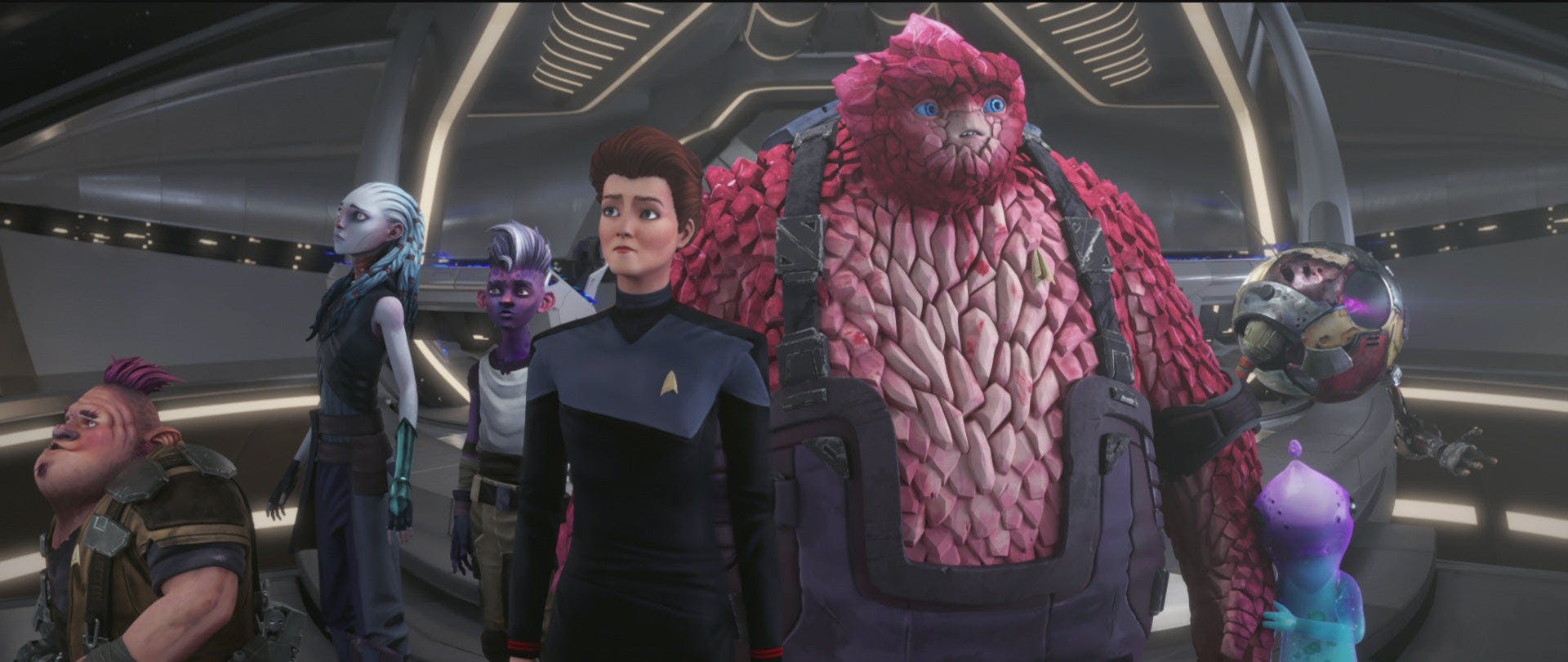 A concerned Protostar crew and Holo-Janeway look out the viewfinder on Star Trek: Prodigy