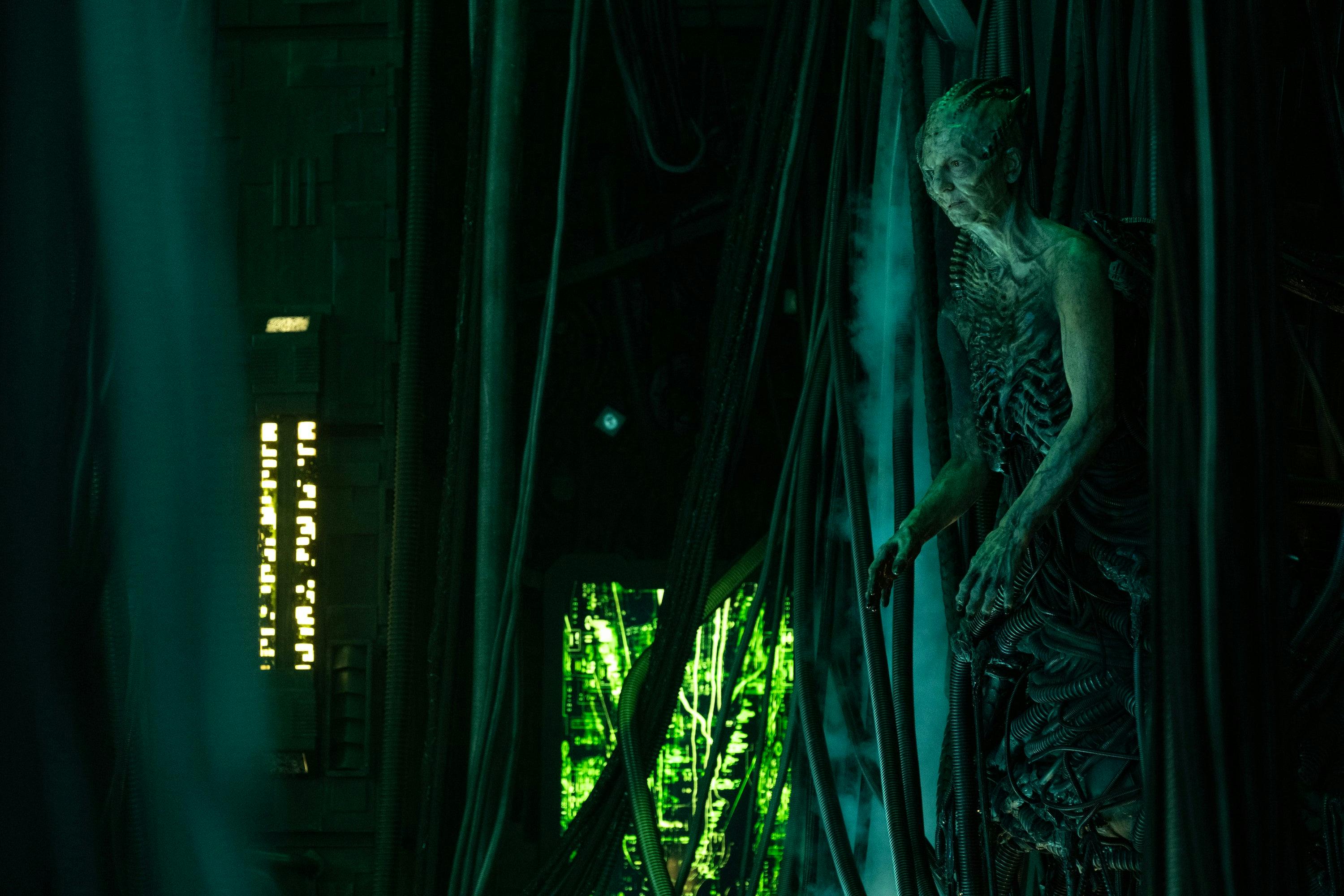 On the Borg Cube, the Borg Queen stands above in a frail state in 'The Last Generation'