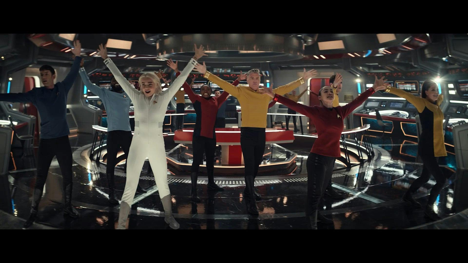 The Enterprise crew breaks out in song and dance on the bridge in 'Subspace Rhapsody'