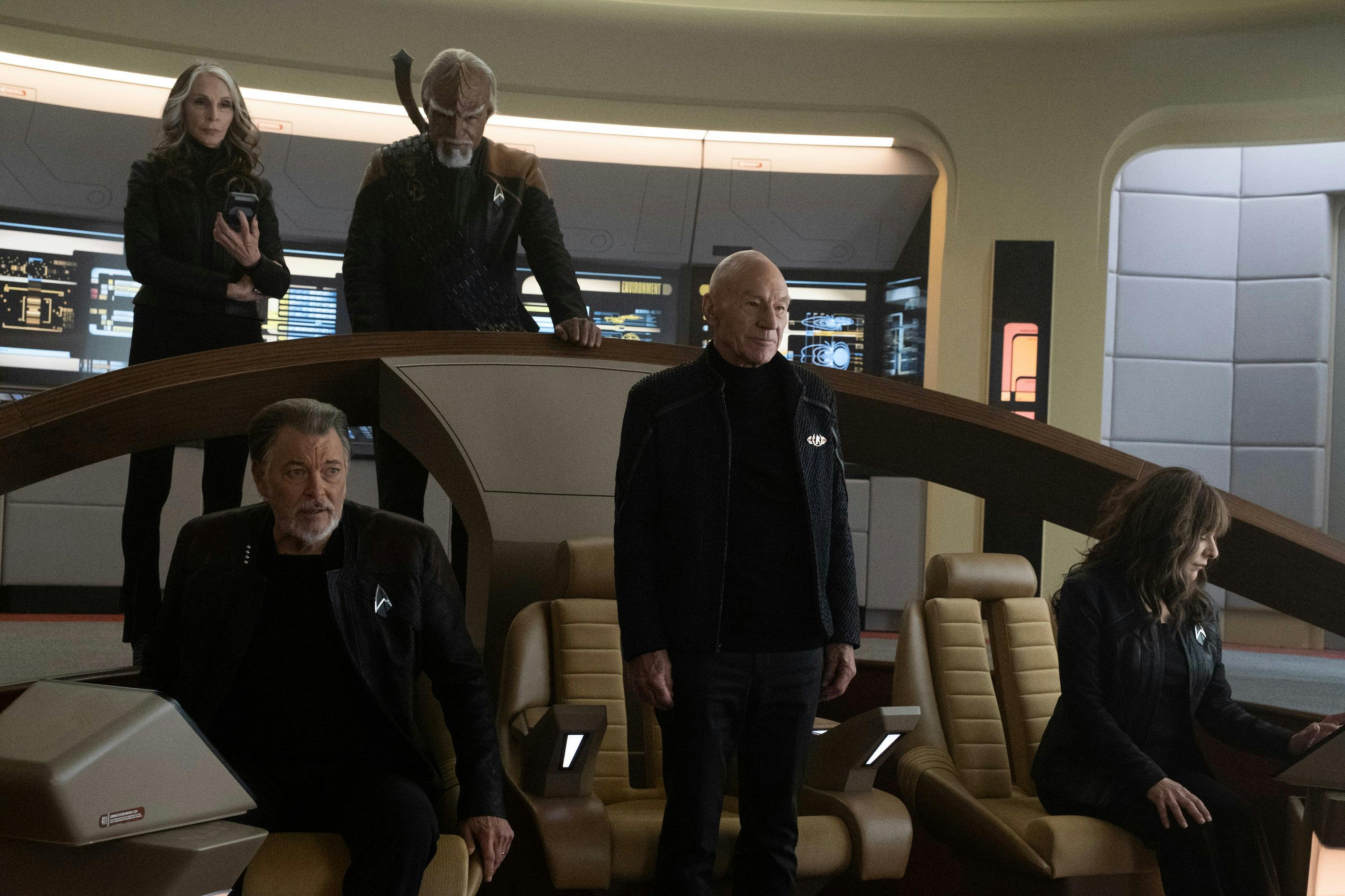 Beverly, Worf, Riker, Picard, and Deanna at their old stations on the Bridge of the reconstructed Enterprise-D in 'Vox'