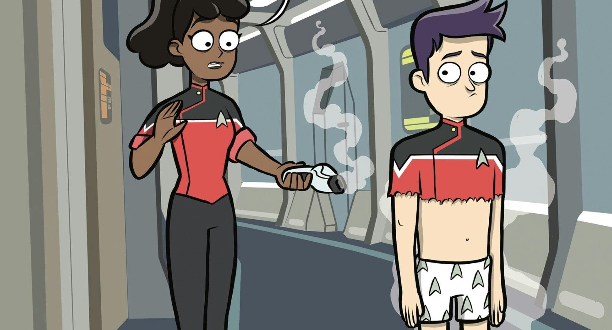 Mariner looks shocked as she accidentally phases away part of Boimler's uniform.