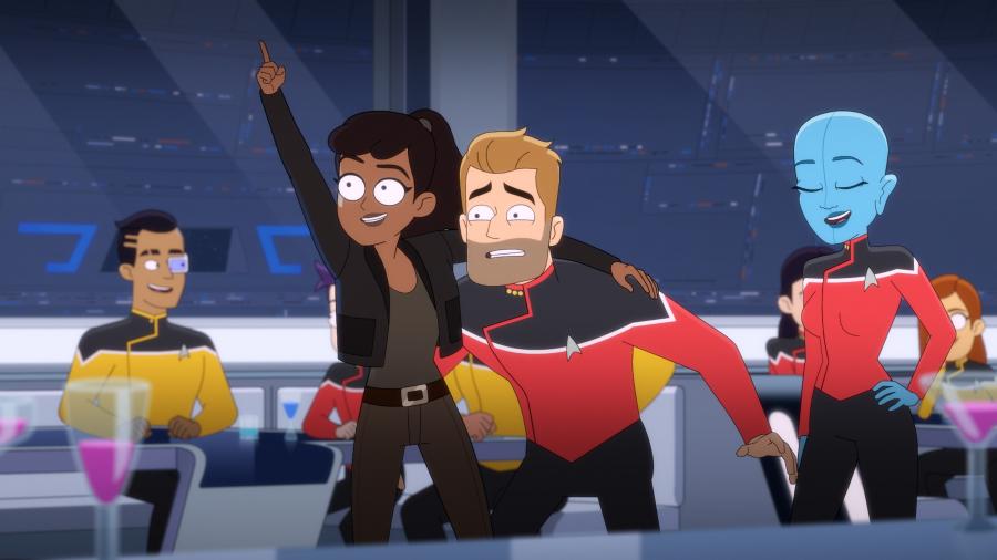 An excited Mariner puts her arms around a not thrilled Ransom's shoulder in the crowded Cerritos mess hall on Star Trek: Lower Decks