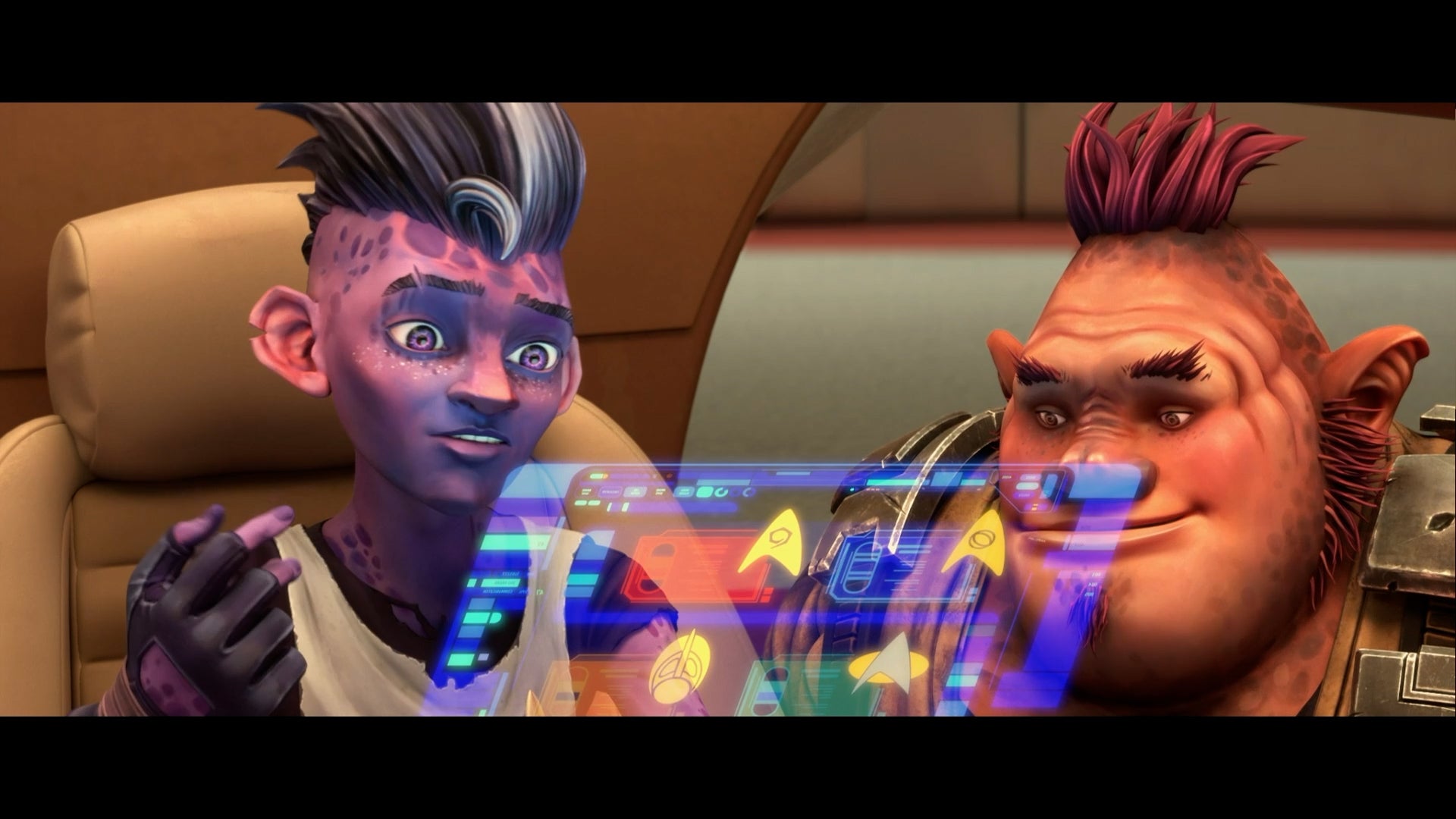 Dal and Jankom Pog examine a screen in Star Trek: Prodigy