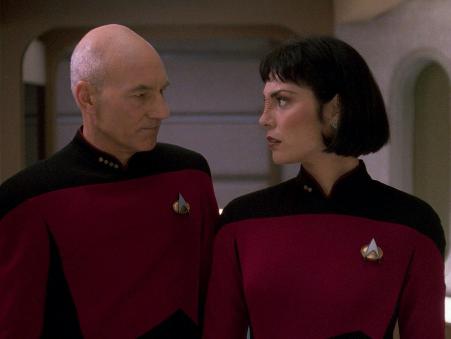 Captain Picard and Ensign Ro Laren stand side-by-side on Star Trek: The Next Generation