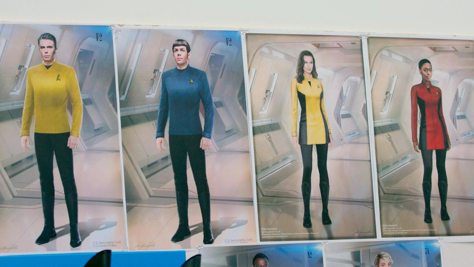Uniform designs featuring Pike, Spock, Una, and Uhura 