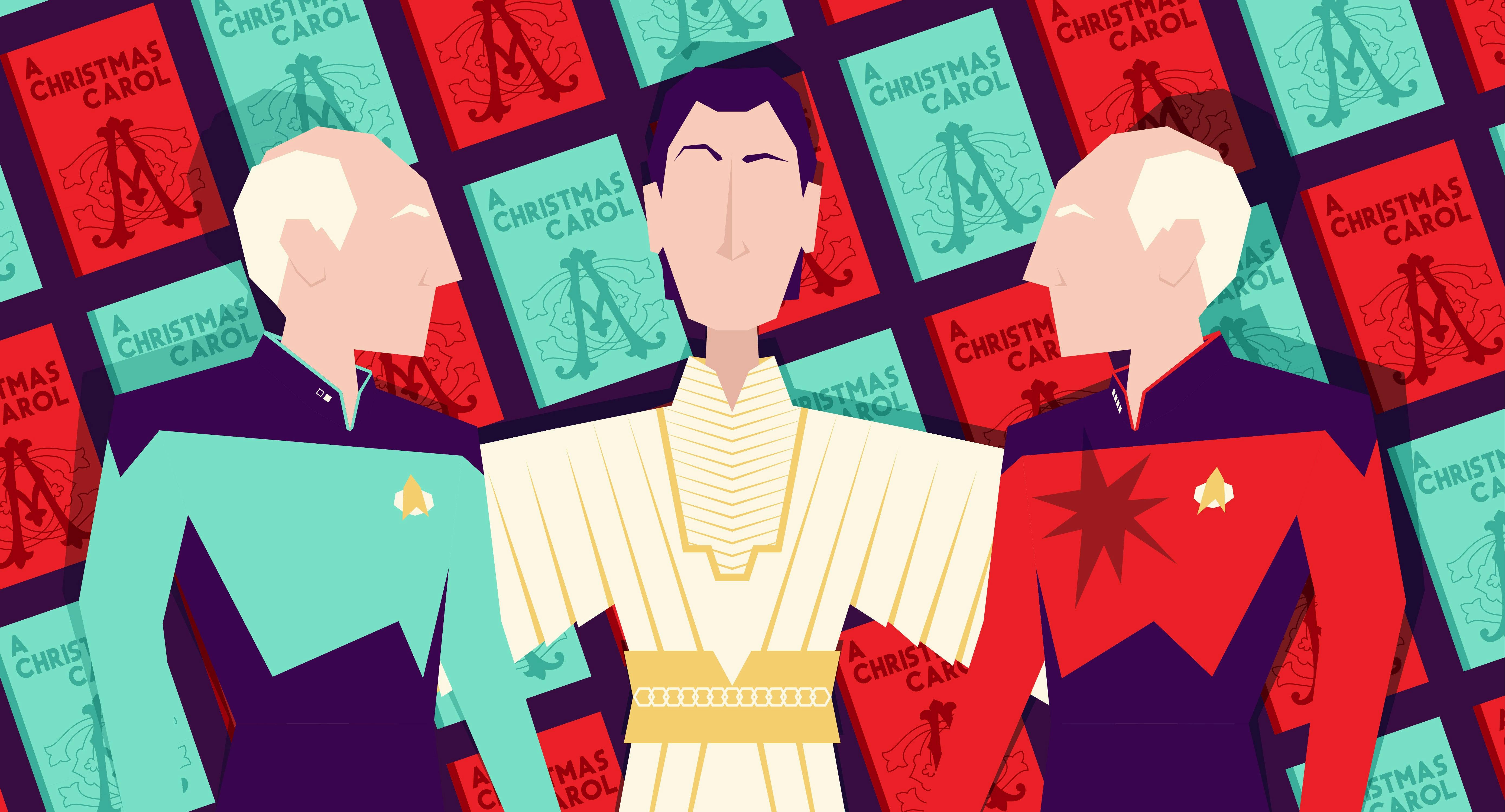 Illustrated banner representing The Next Generation's Tapestry with two versions of Picard with Q in between and books of A Christmas Carol in the background