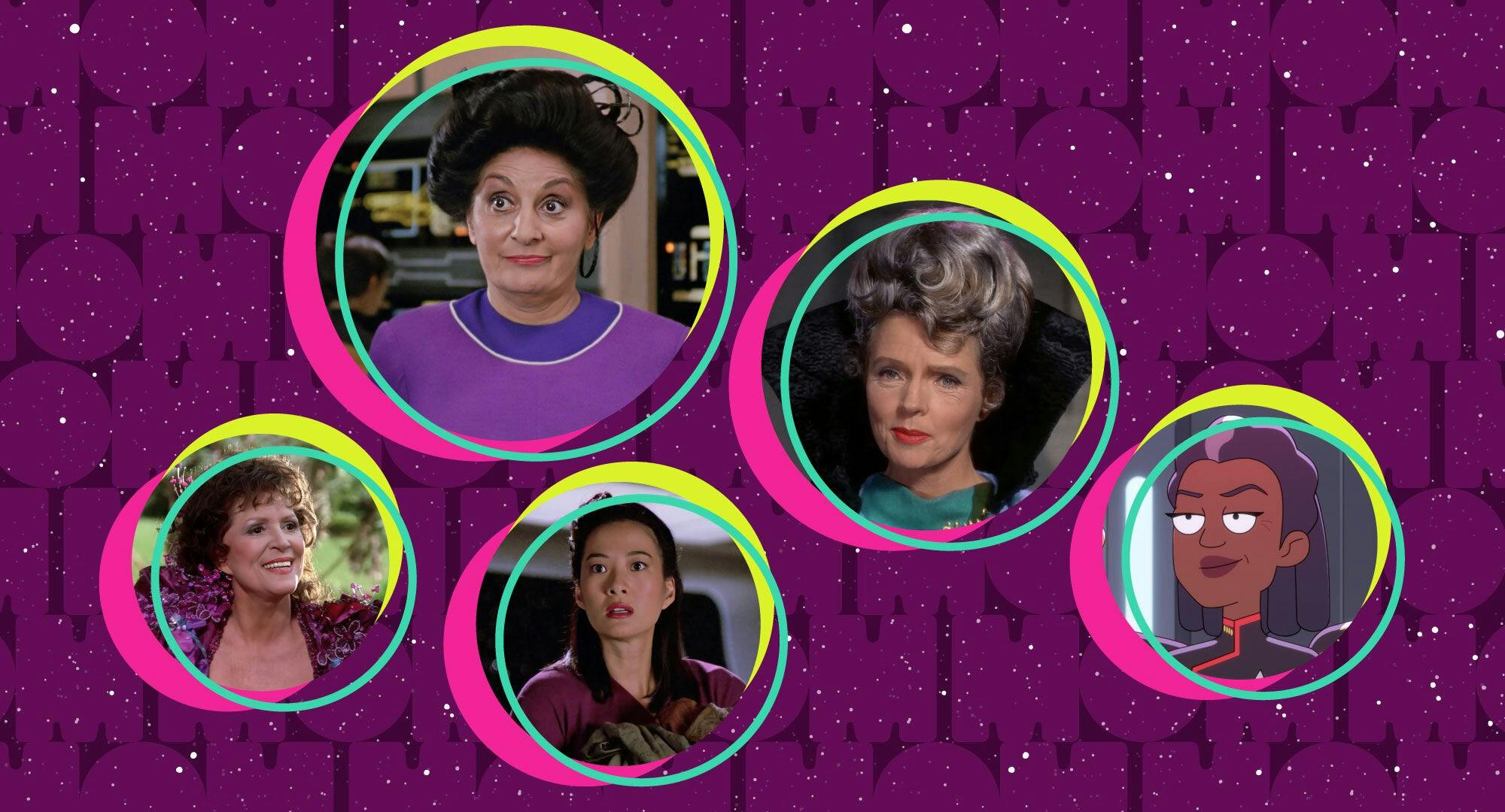 Illustrated banner featuring Star Trek moms: Carol Freeman, Amanda Grayson, Keiko O'Brien, Lwaxana Troi, and Helena Rozhenko